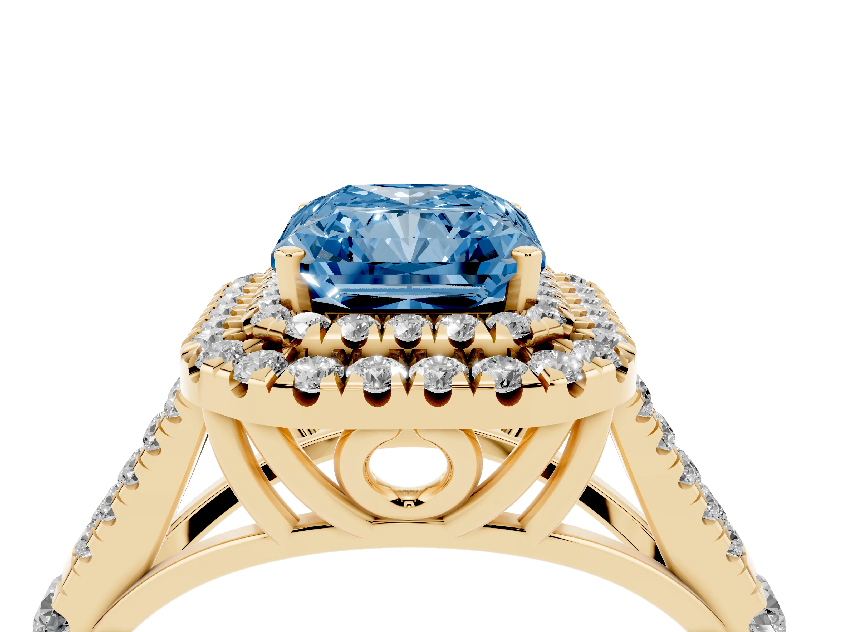Fancy Blue Radiant Cut Diamond Pavé Split Shank Double Halo Engagement Ring Set in Yellow gold