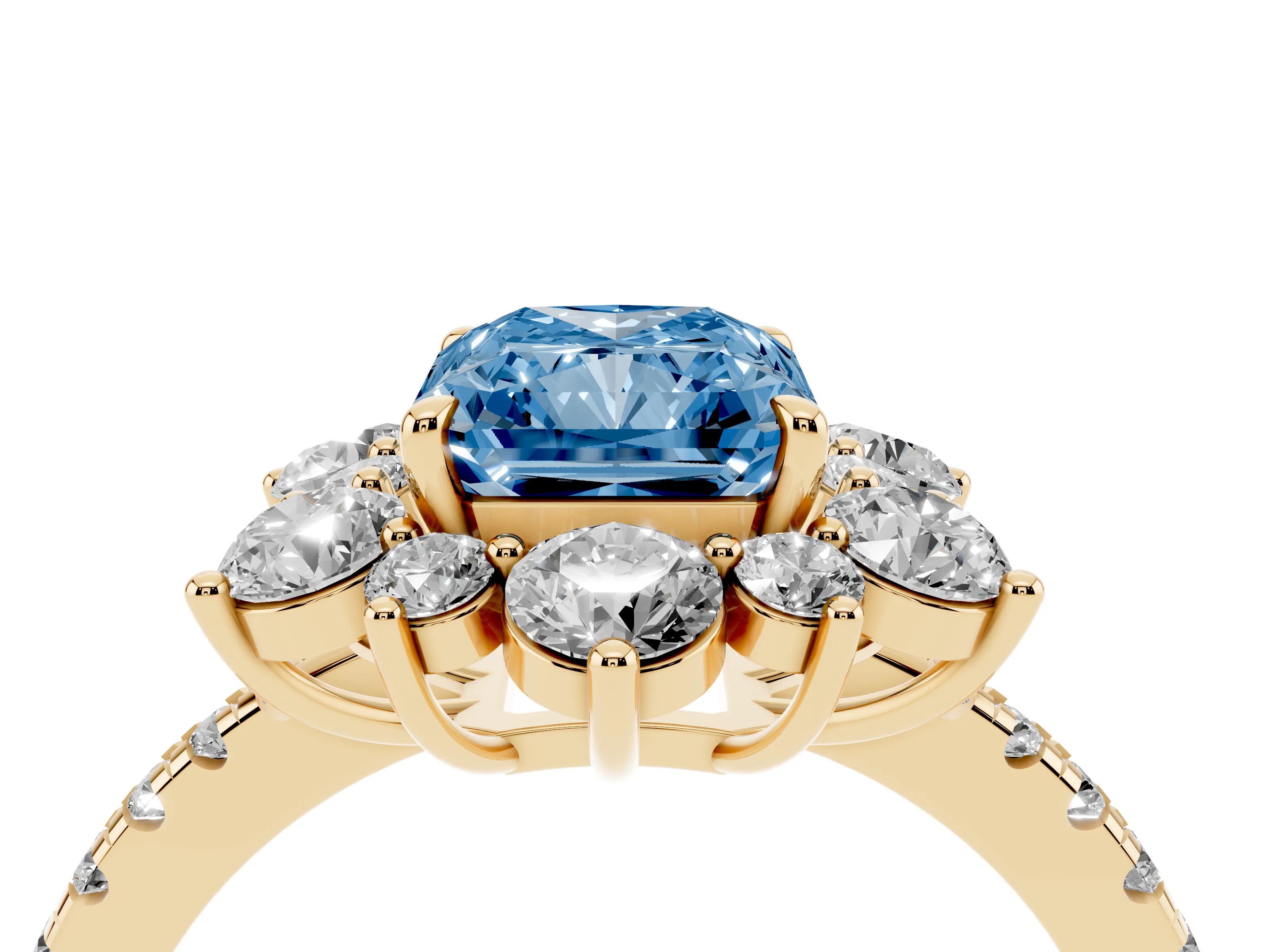 Fancy Blue Radiant Cut Diamond Floral Halo Ring Set in Yellow gold with Round Pavé Band and Prong Setting