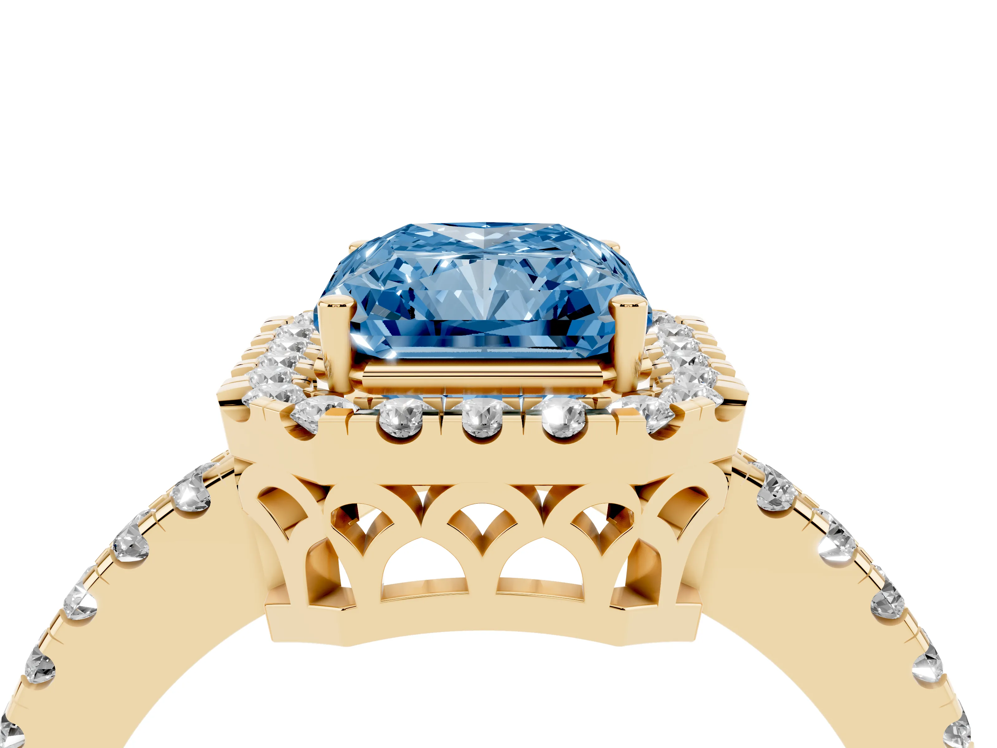 Fancy Blue Radiant Cut Diamond Pavé Band Halo Engagement Ring Set in Yellow gold with Prong Setting