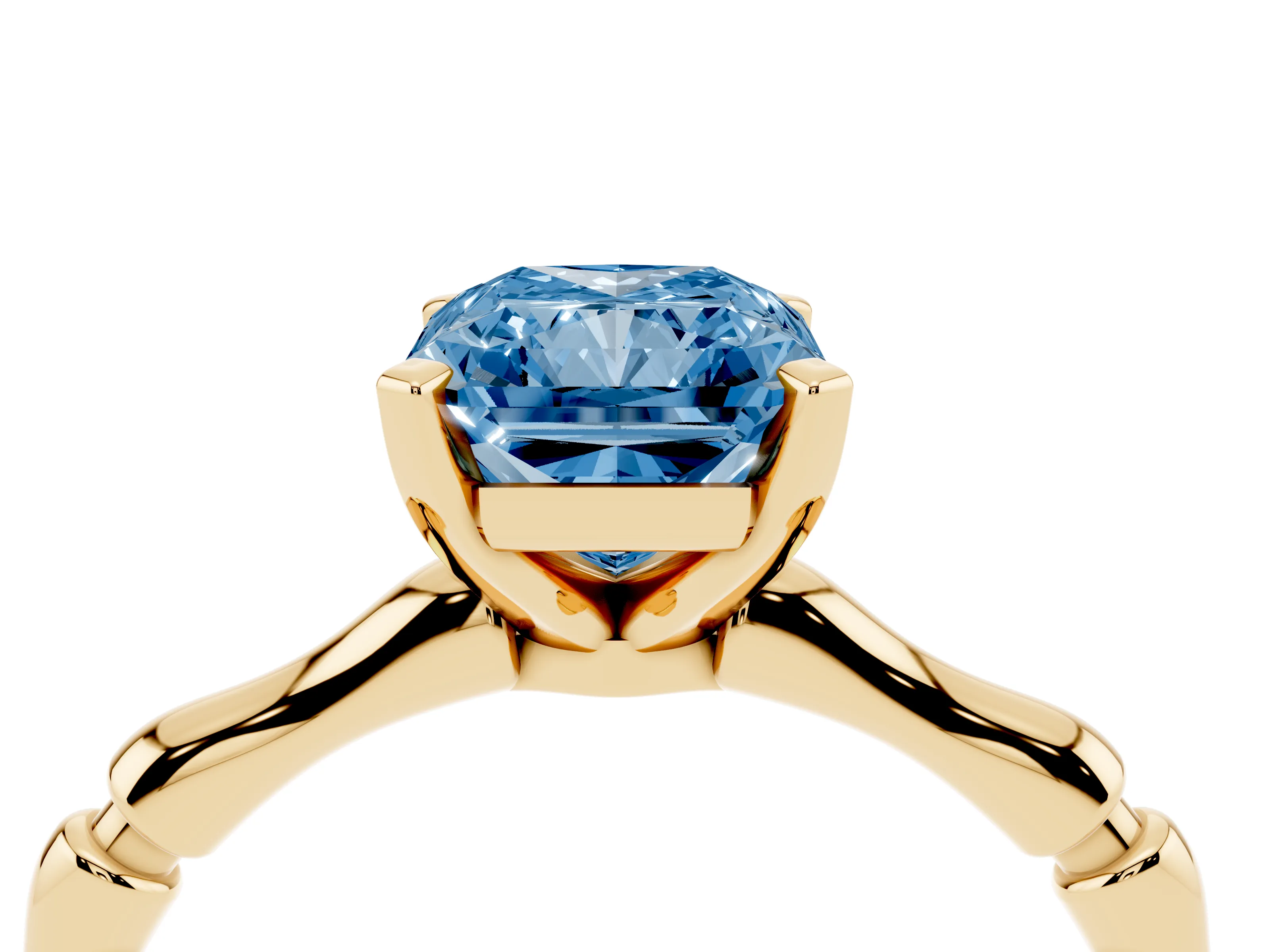 Fancy Blue Radiant Cut Diamond Solitaire Ring Set in Yellow gold with Bamboo Band and Prong Setting