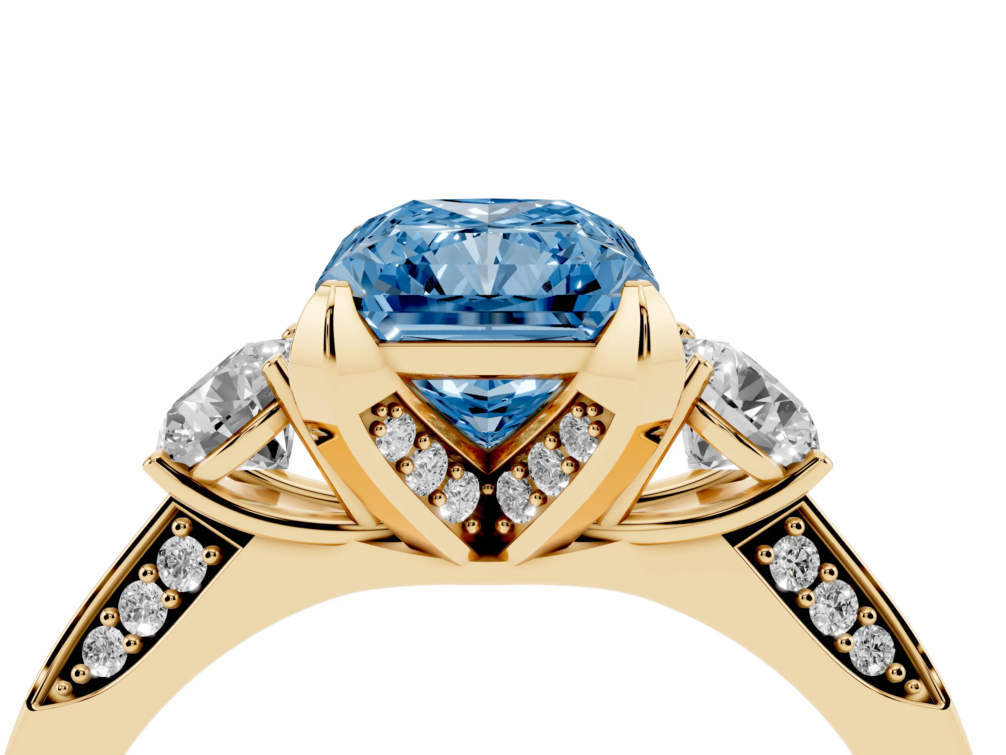 Fancy Blue Radiant Cut Diamond Three-Stone Ring Set in Yellow gold with Pavé Band and Smaller Side Stones