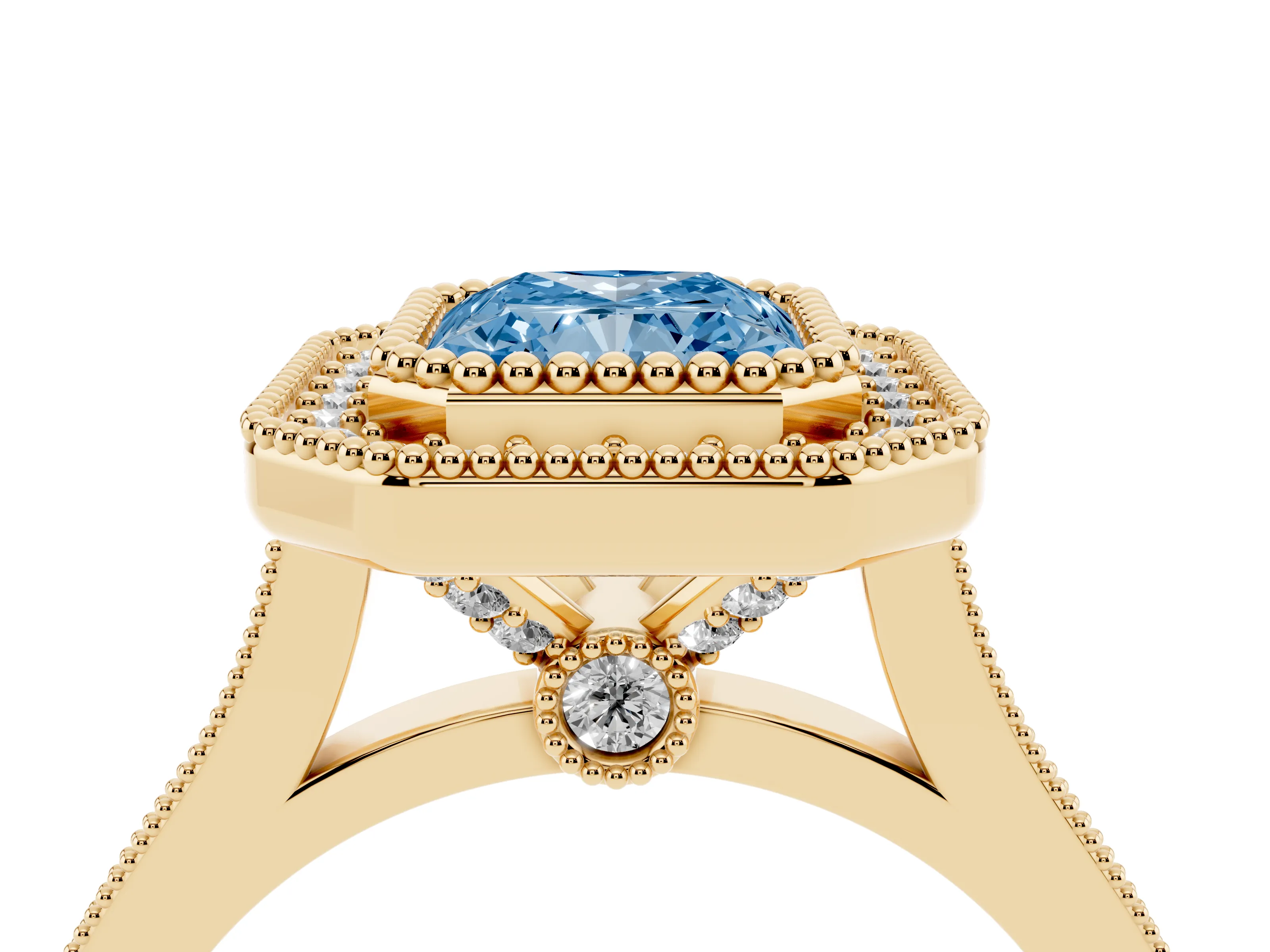 Fancy Blue Radiant Cut Diamond Halo Ring Set in Yellow gold with Milgrain Frame and Pavé Band