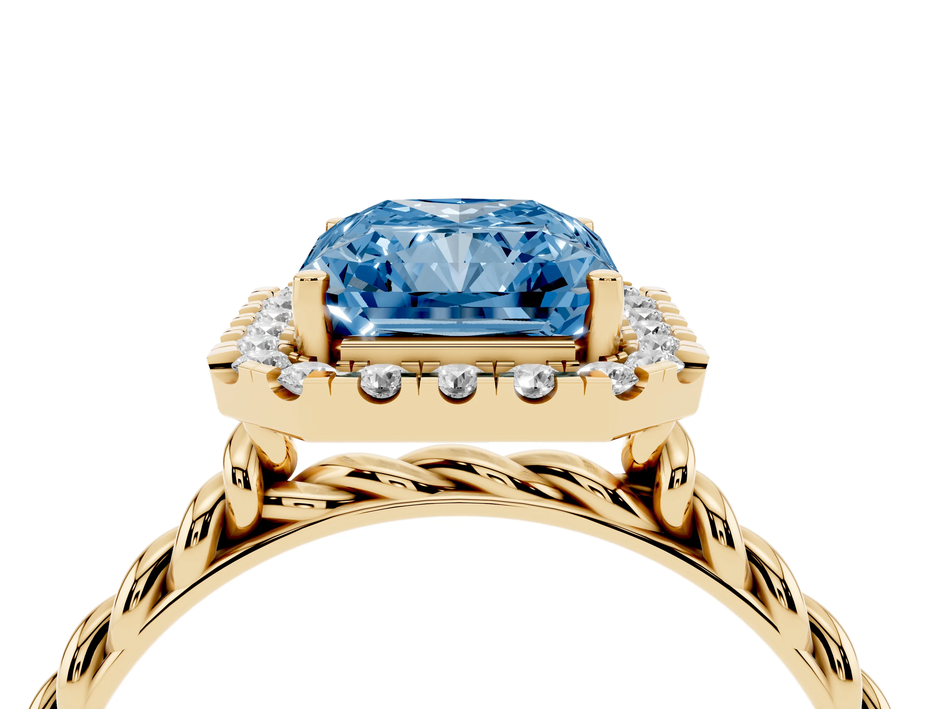 Fancy Blue Radiant Cut Diamond Halo Ring Set in Yellow gold with Plain Twisted Band