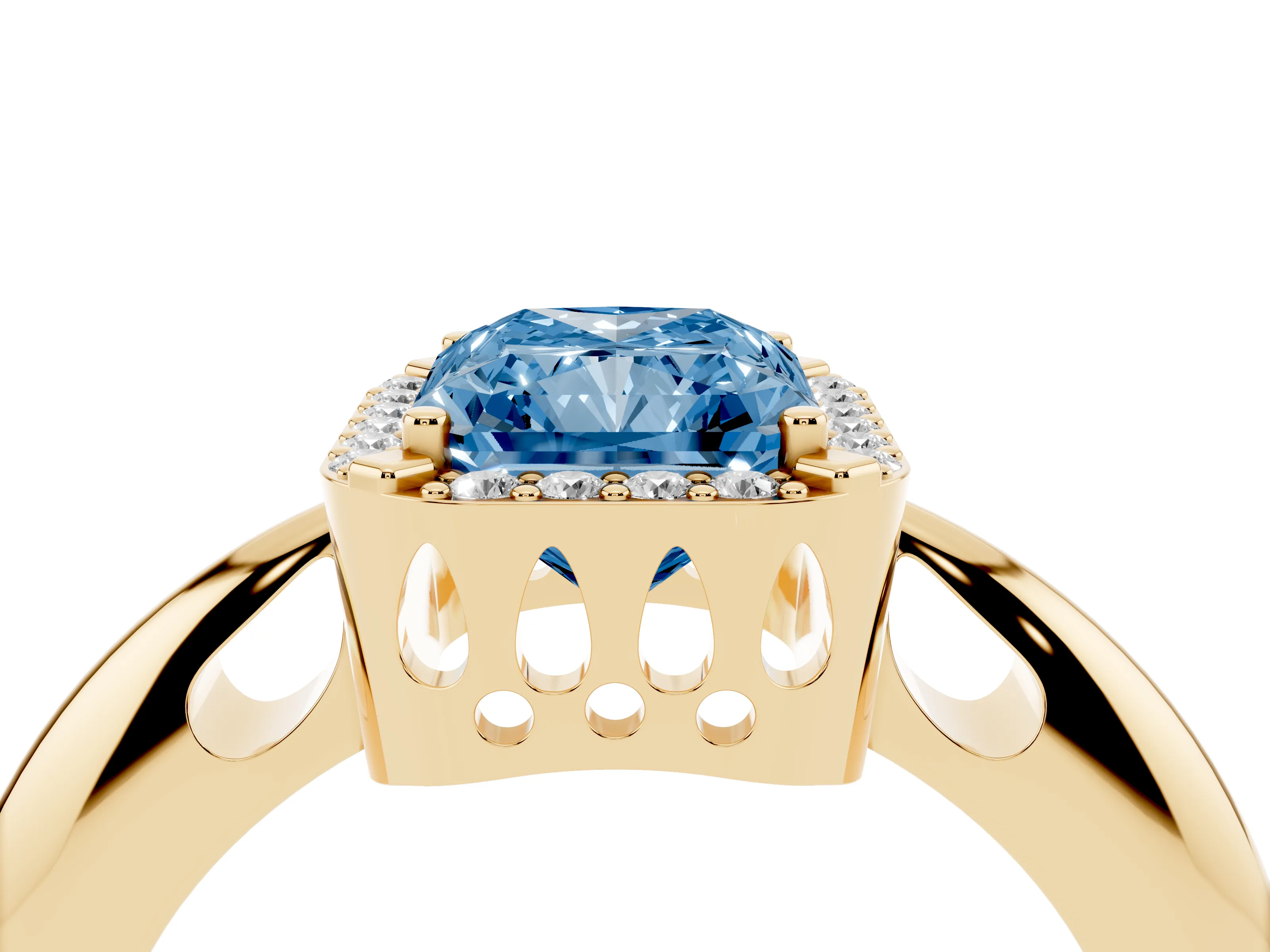 Fancy Blue Radiant Cut Diamond Halo Engagement Ring Set in Yellow gold with Plain Split Shank and Prong Setting