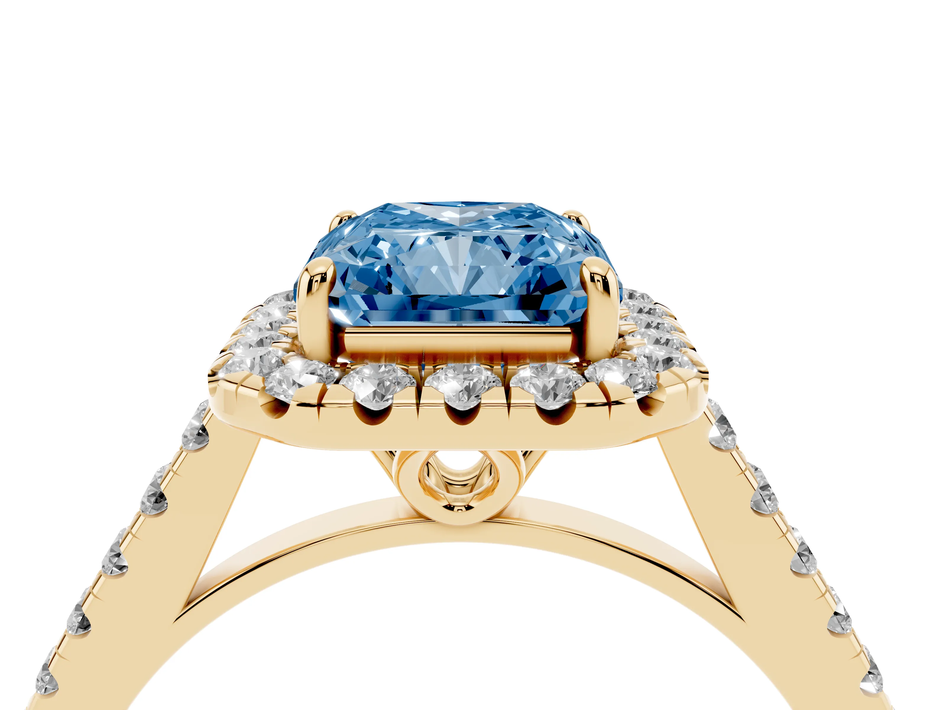 Fancy Blue Radiant Cut Diamond Pavé Halo Engagement Ring Set in Yellow gold with Pavé Band and Prong Setting