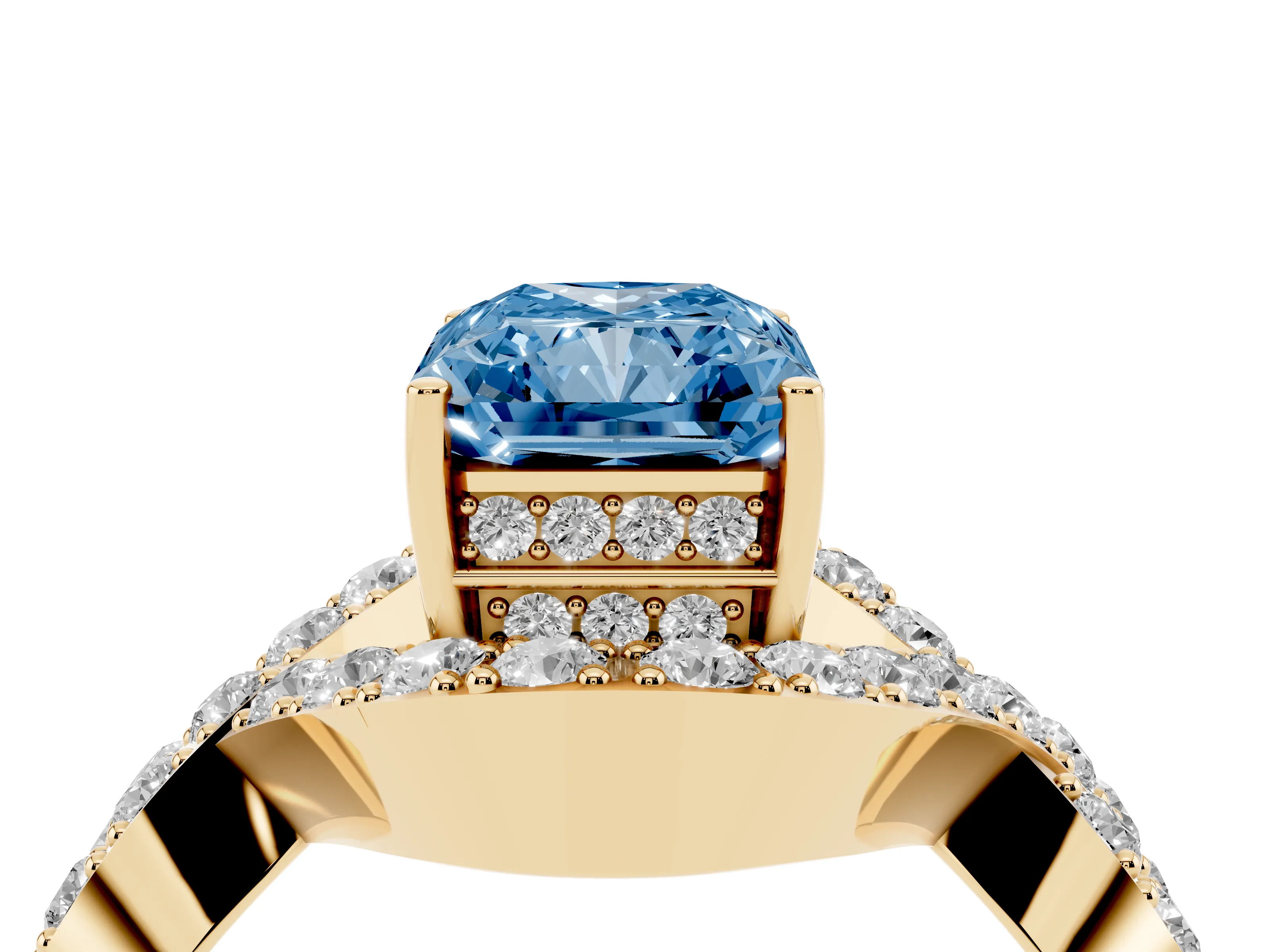 Fancy Blue Radiant Cut Diamond Solitaire Twist Band Pavé Engagement Ring Set in Yellow gold