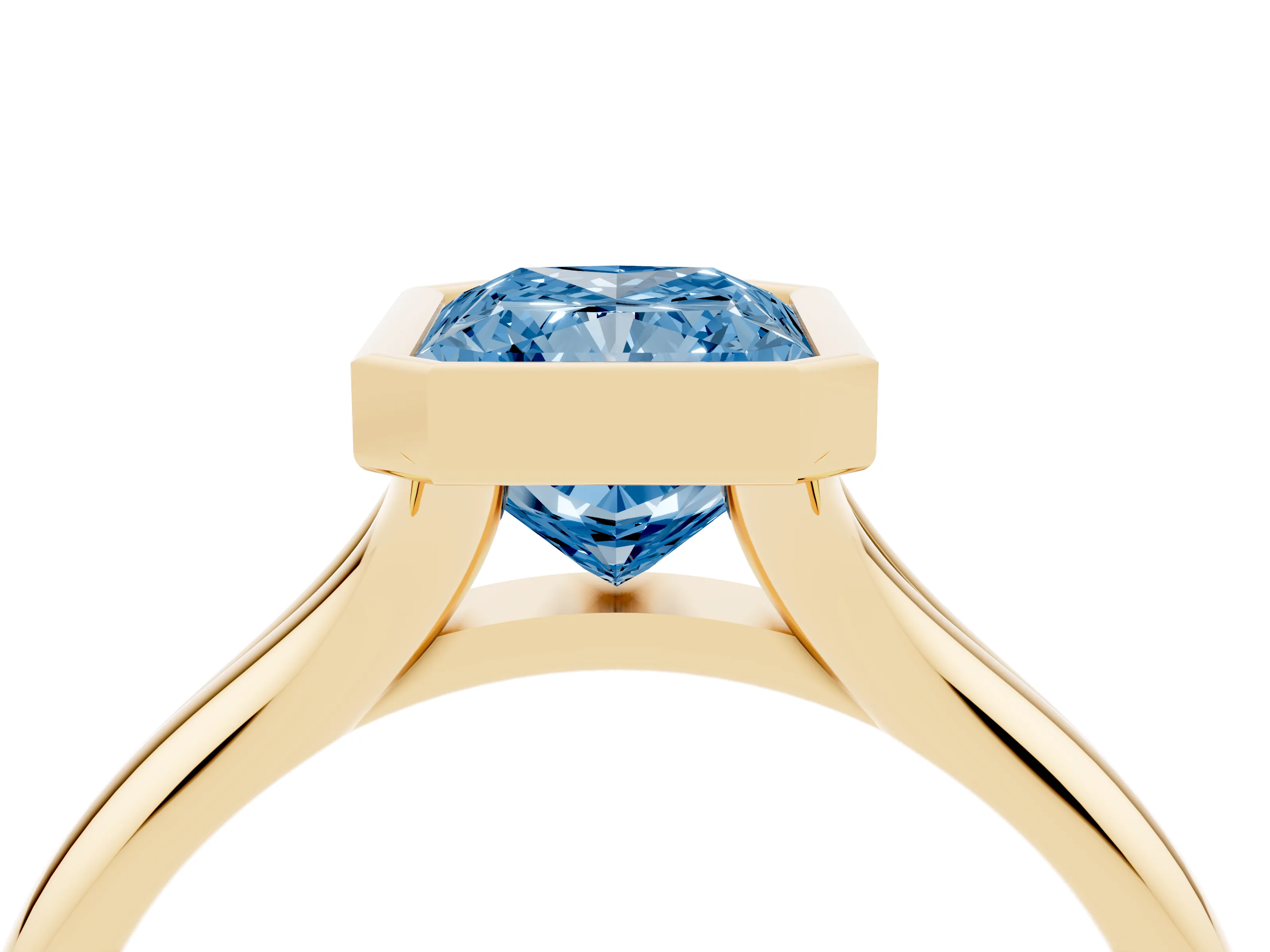 Fancy Blue Bezel Set Radiant Cut Diamond Solitaire Ring Set in Yellow gold with Smooth Band
