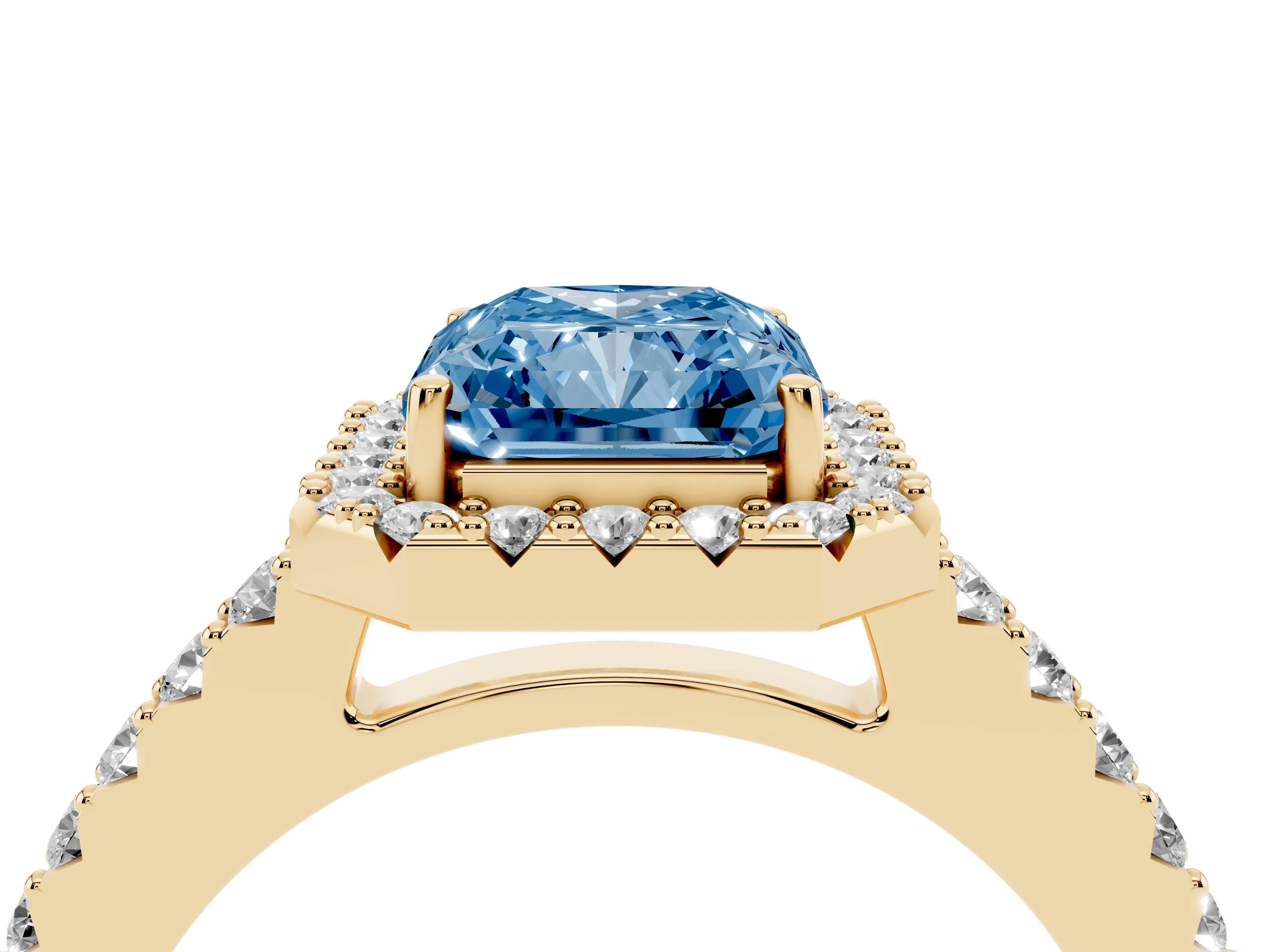 Fancy Blue Radiant Cut Diamond Halo Pavé Solitaire Ring Set in Yellow gold with Prong-Set Center Stone
