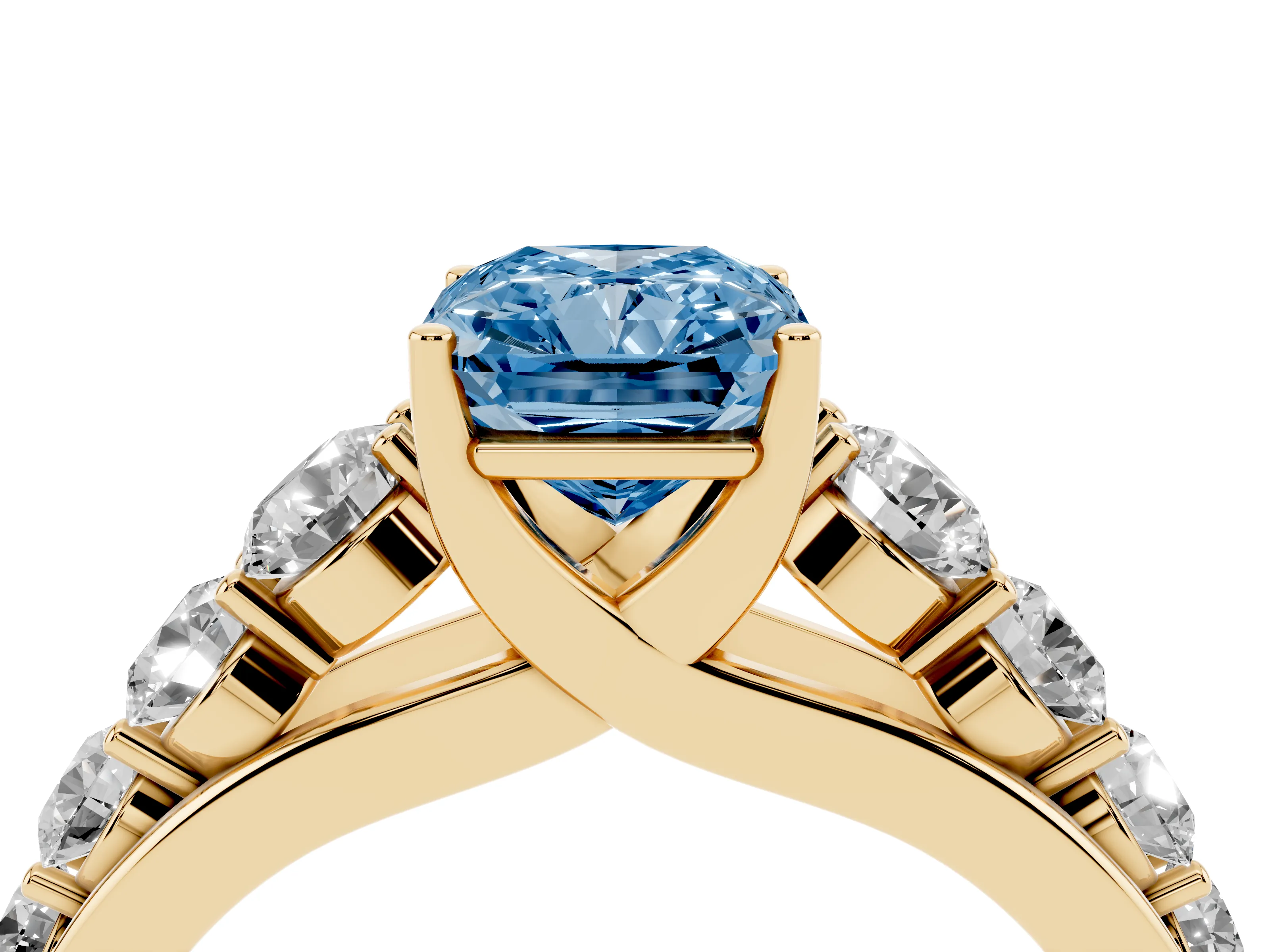 Fancy Blue Radiant Cut Diamond Solitaire Ring Set in Yellow gold with Pavé-Set Band and Prong Setting