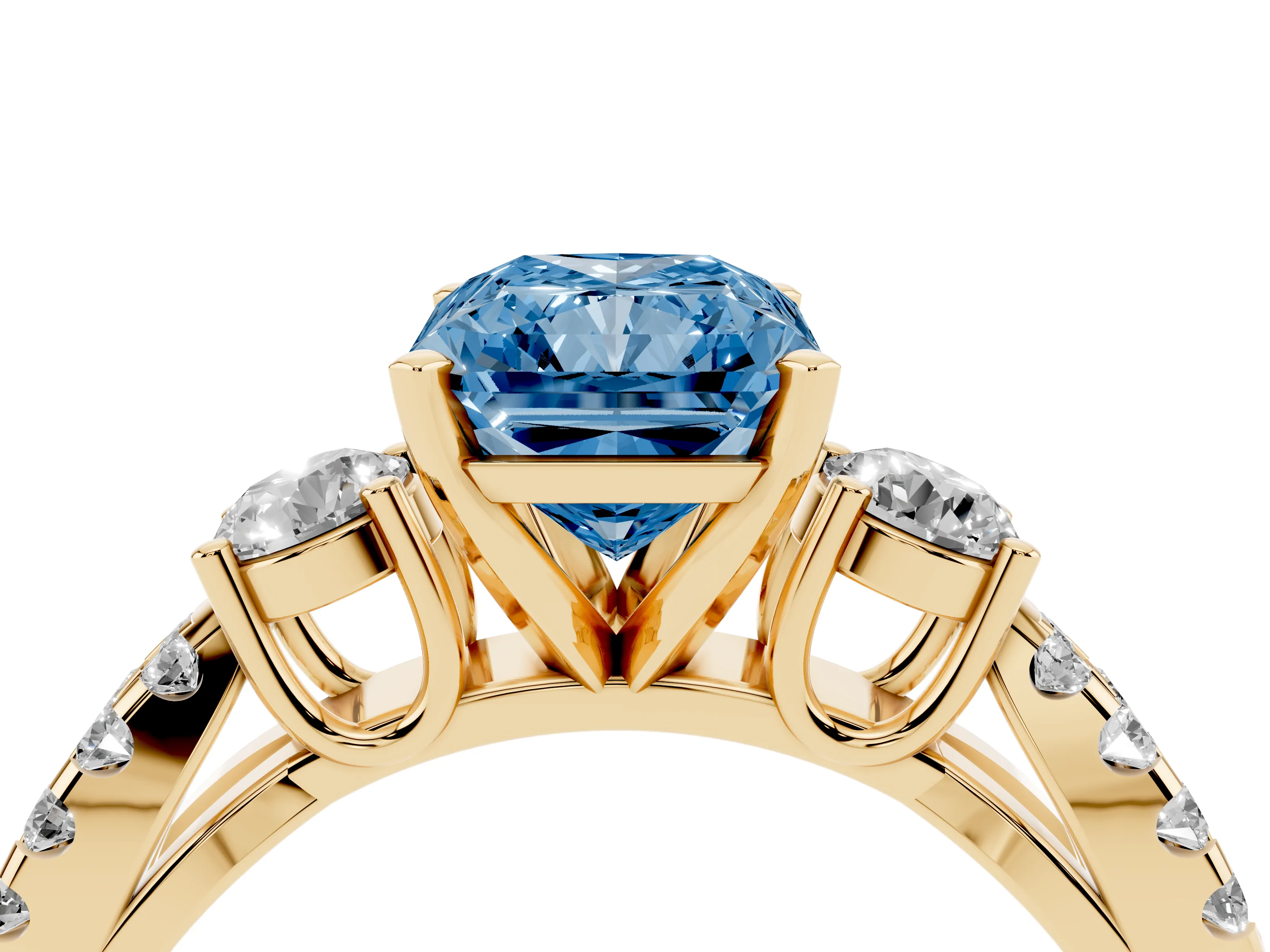 Fancy Blue Radiant Cut Diamond Three-Stone Ring Set in Yellow gold with Pavé Split Shank and Prong Setting