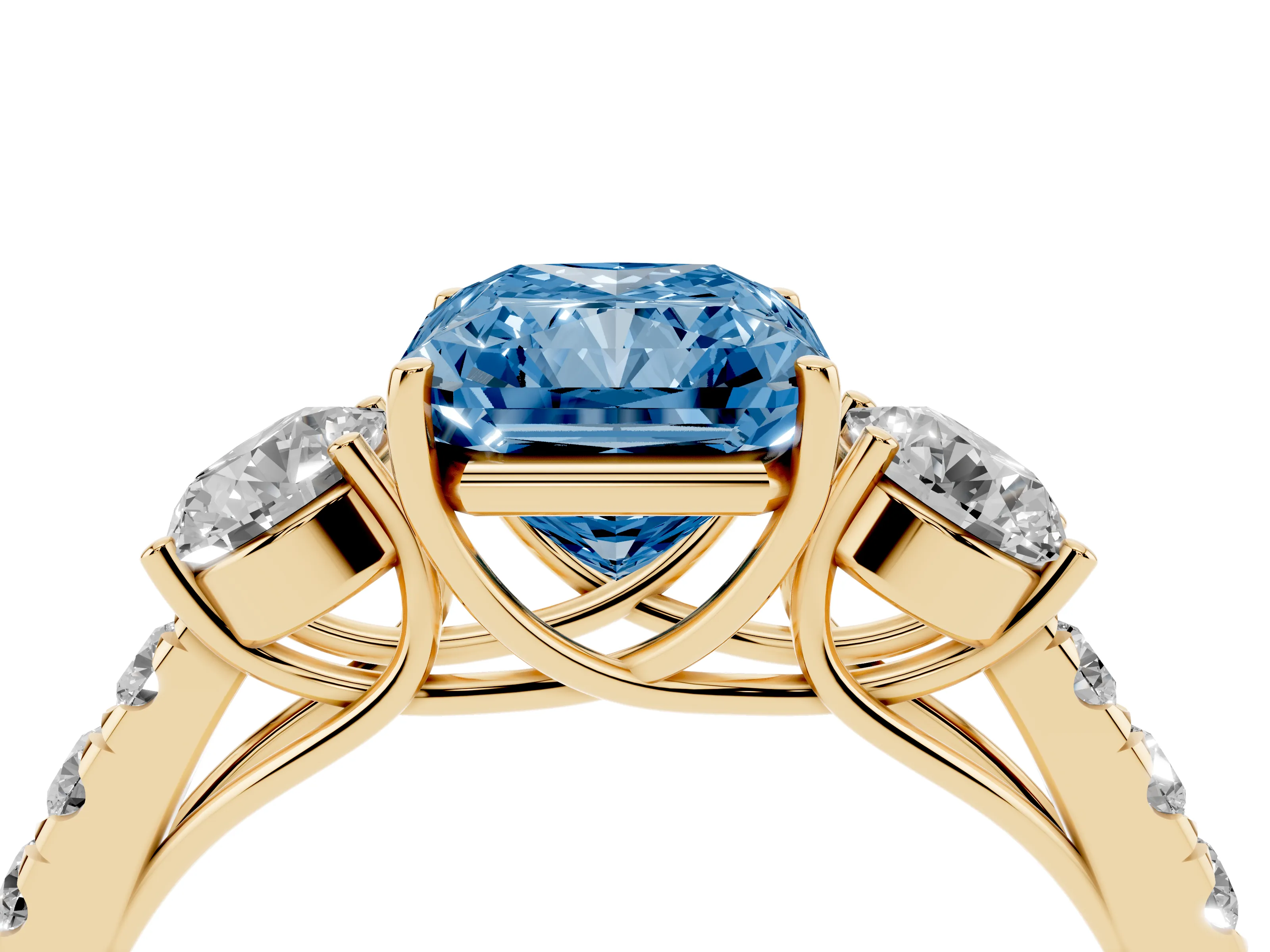Fancy Blue Radiant Cut Diamond Three-Stone Ring Set in Yellow gold with Round Side Stones and Delicate Pavé Band