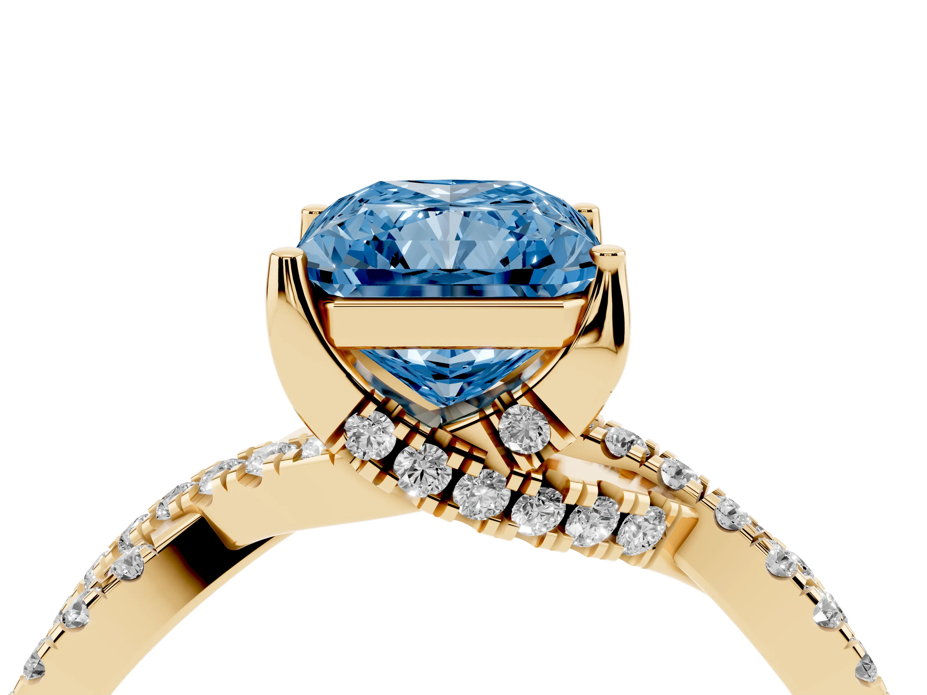 Fancy Blue Radiant Cut Diamond Twist Pavé Solitaire Engagement Ring Set in Yellow gold with Prong Setting