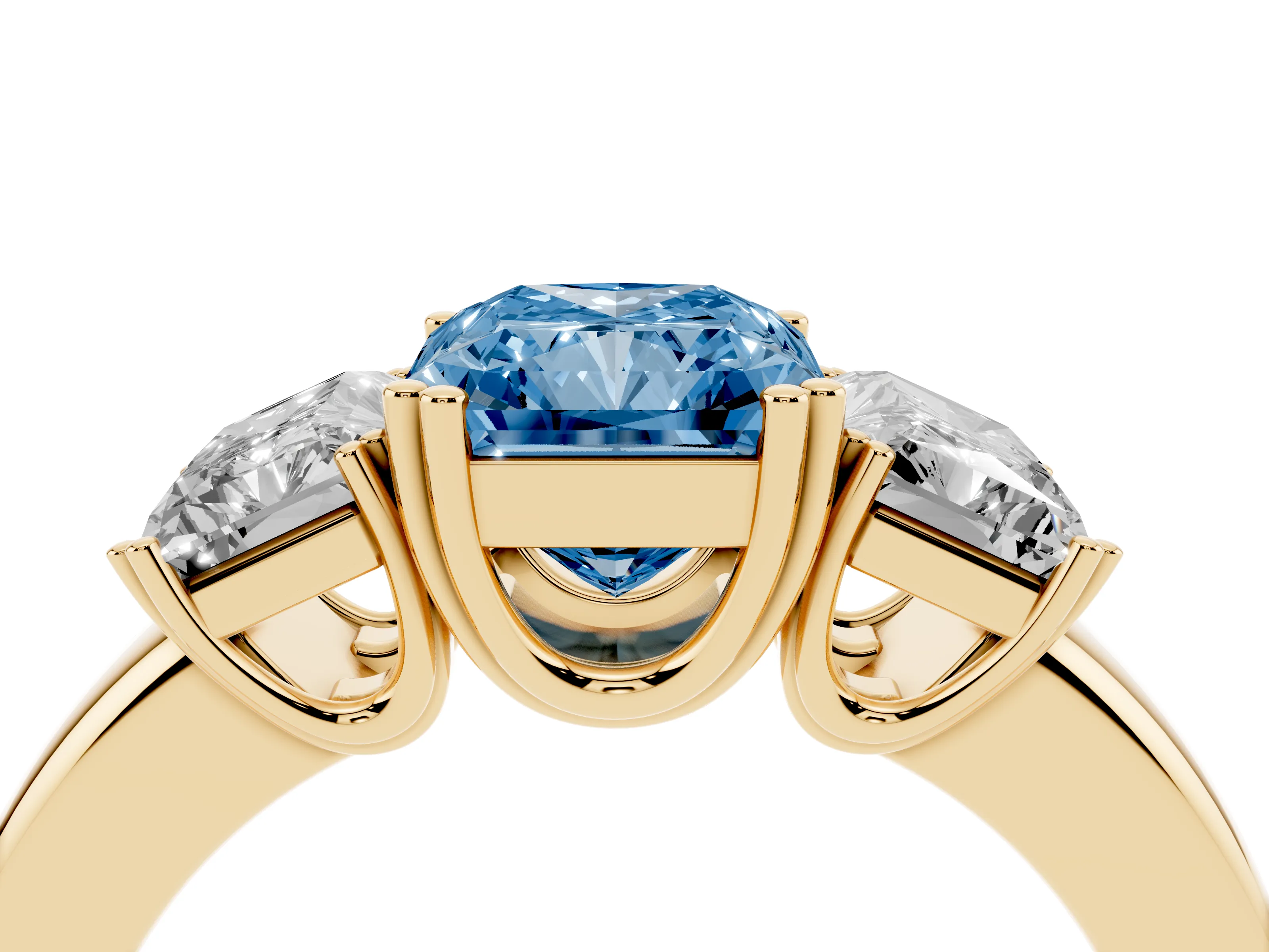 Fancy Blue Radiant Cut Diamond Three-Stone Ring Set in Yellow gold with Polished Channel-Set Band