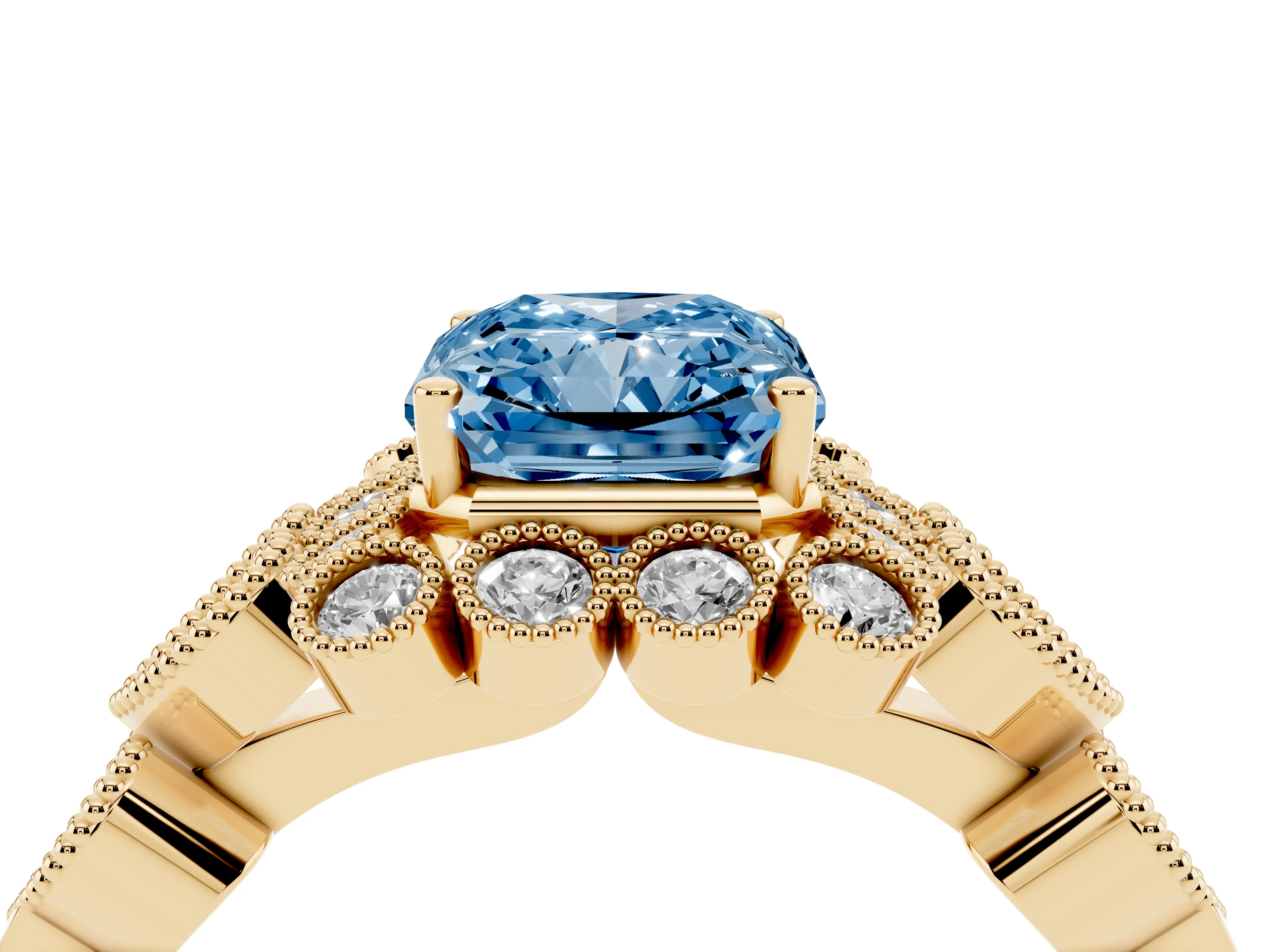 Fancy Blue Radiant Cut Diamond Solitaire Ring Set in Yellow gold with Milgrain Pavé Heart Band