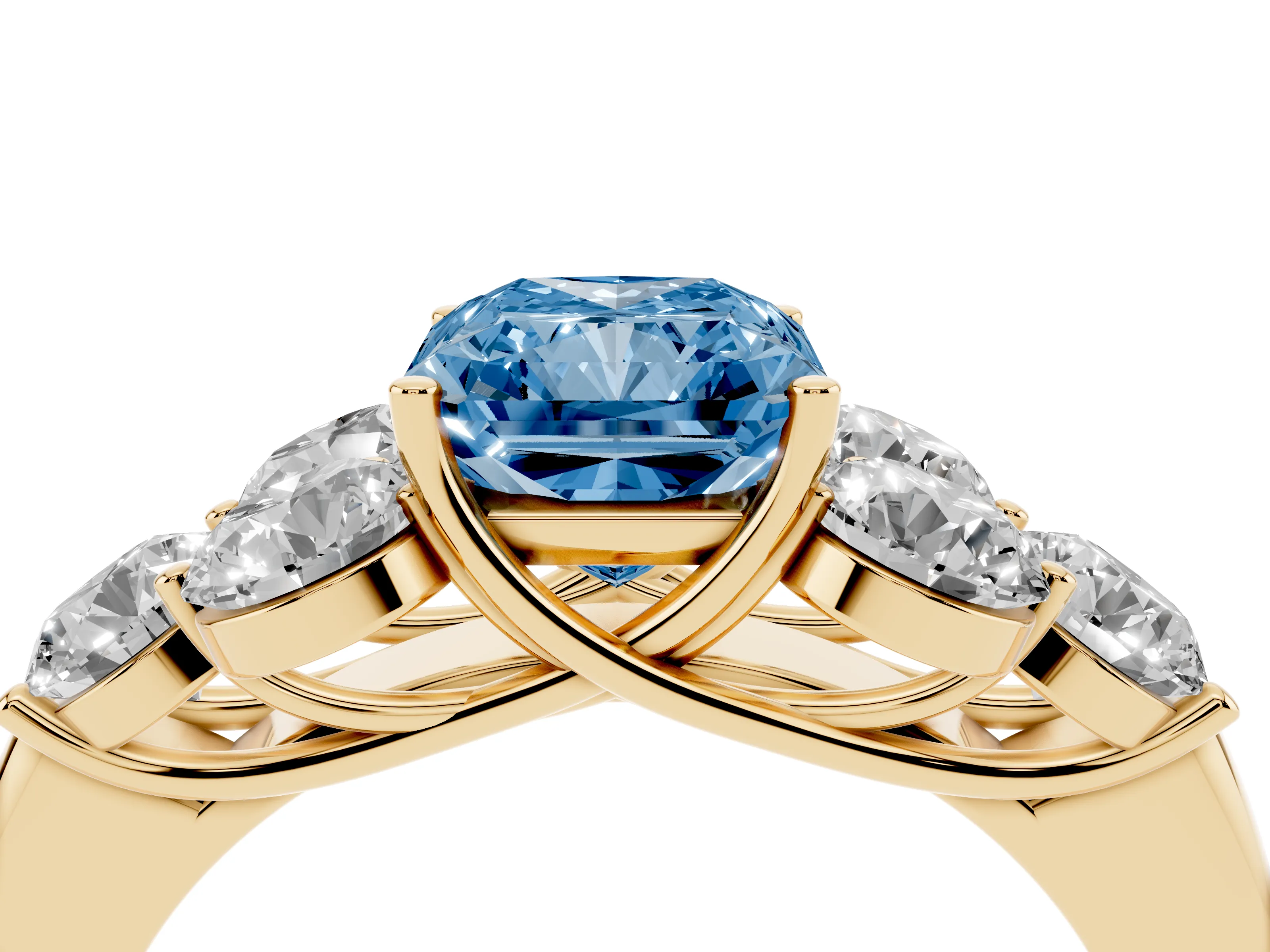 Fancy Blue Radiant Cut Diamond Cluster Ring Set in Yellow gold with Round Accent Stones and Prong Setting on a Plain Band