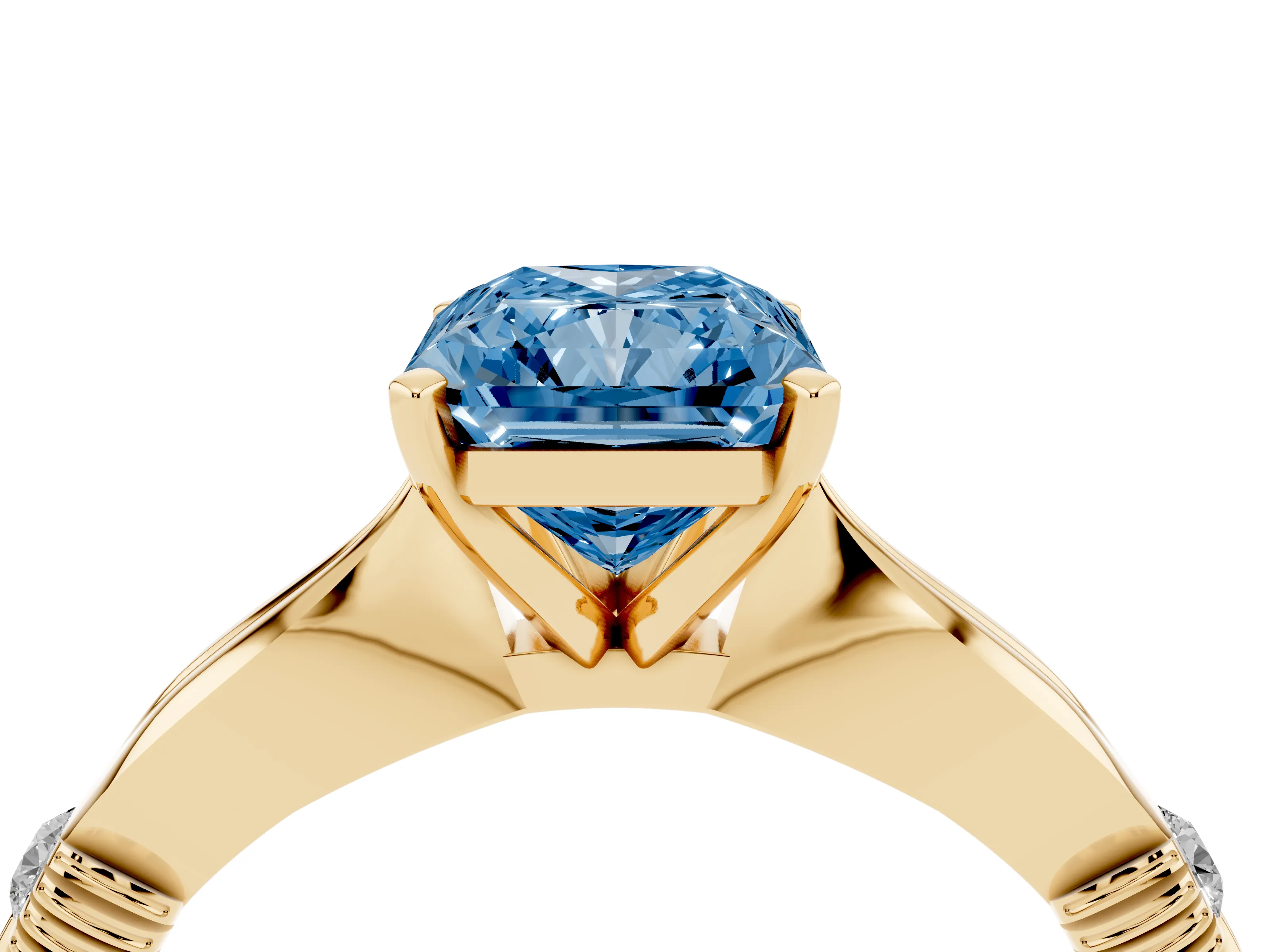 Fancy Blue Radiant Cut Diamond Solitaire Twisted Band Ring Set in Yellow gold with Accent Stones and Prong Setting