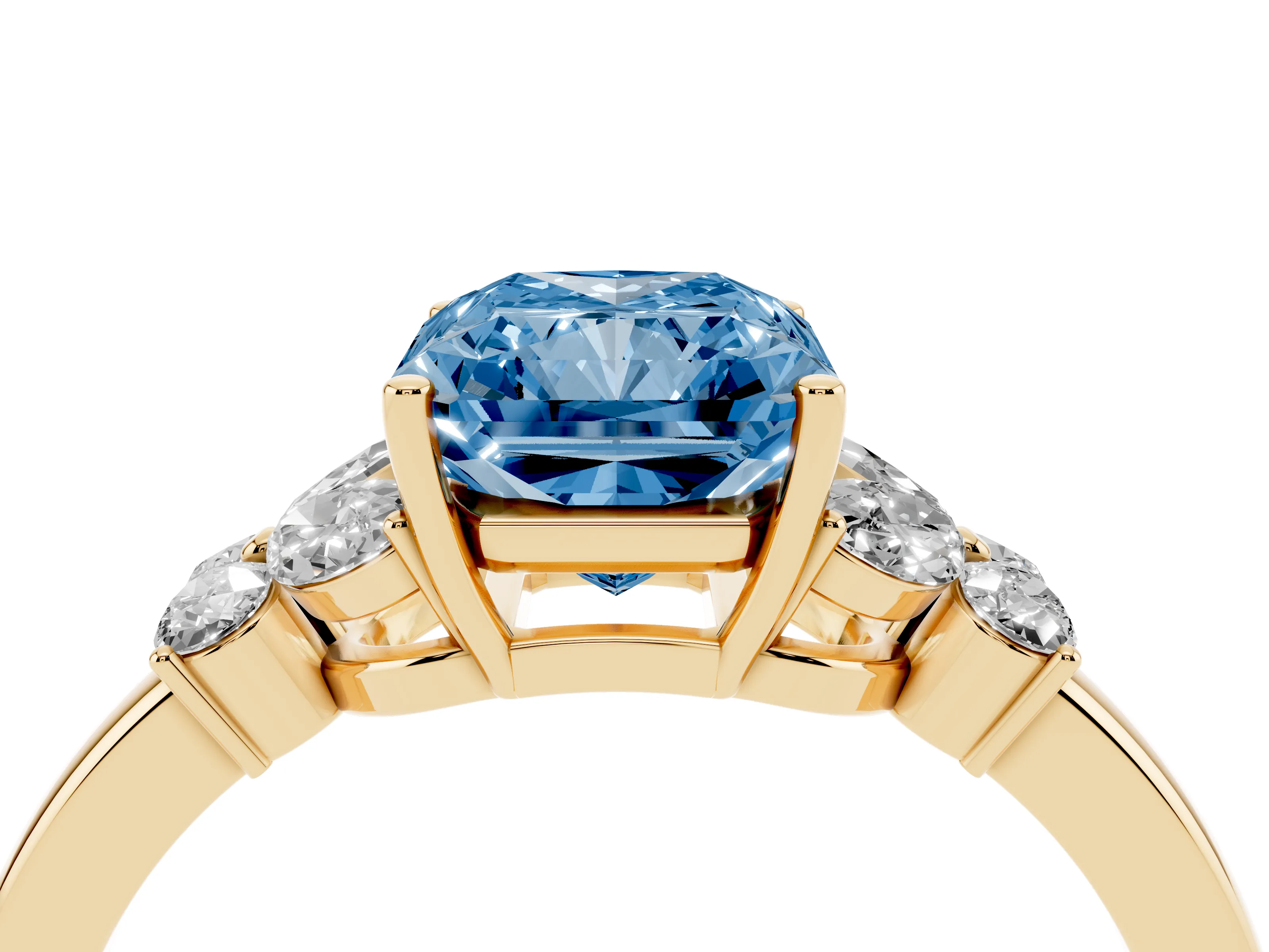 Fancy Blue Radiant Cut Diamond Solitaire Floral Ring Set in Yellow gold with Marquise Petals and Prong Setting
