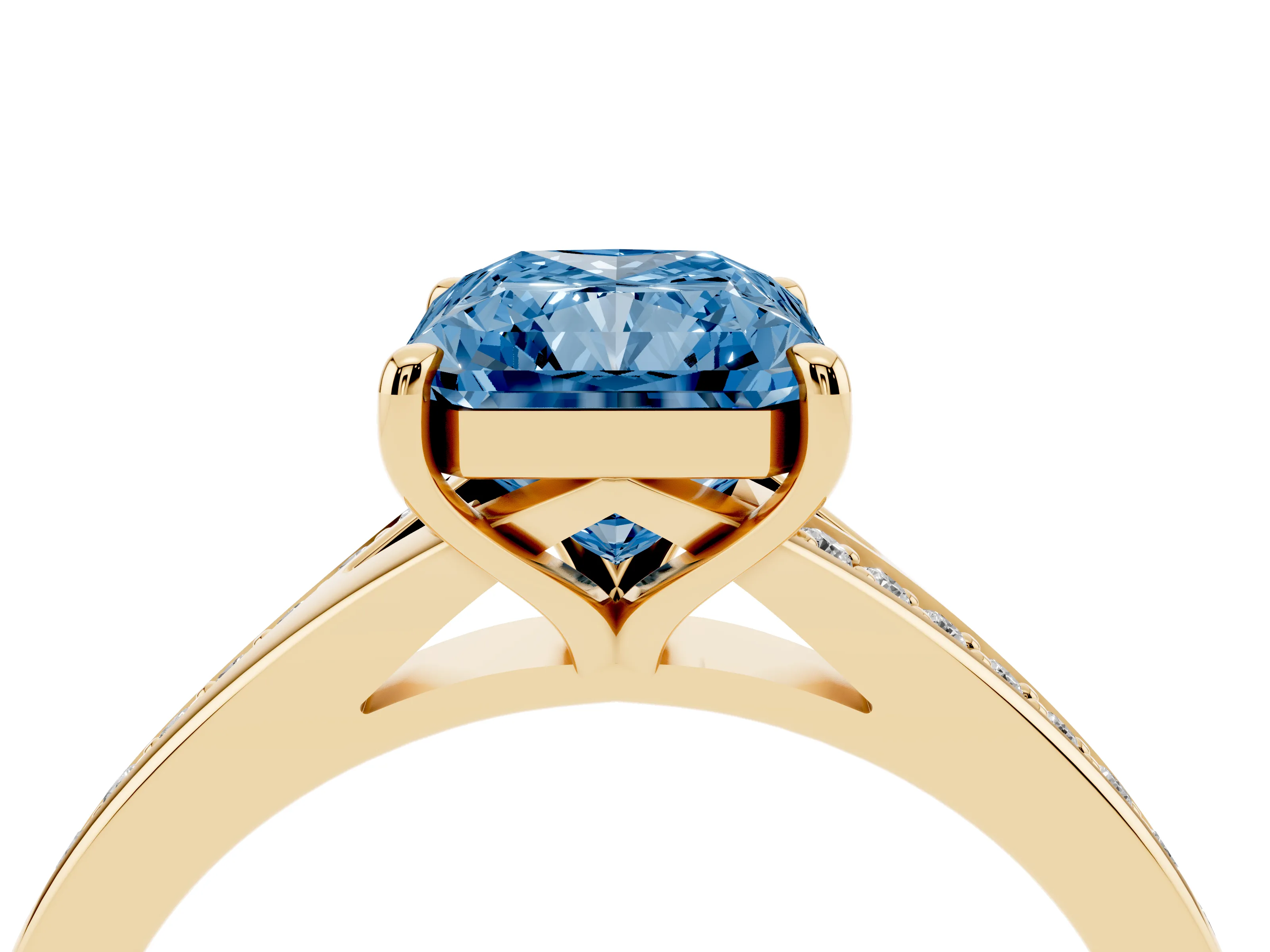 Fancy Blue Radiant Cut Diamond Solitaire Ring Set in Yellow gold with Pavé Accent Band and Classic Prong Setting