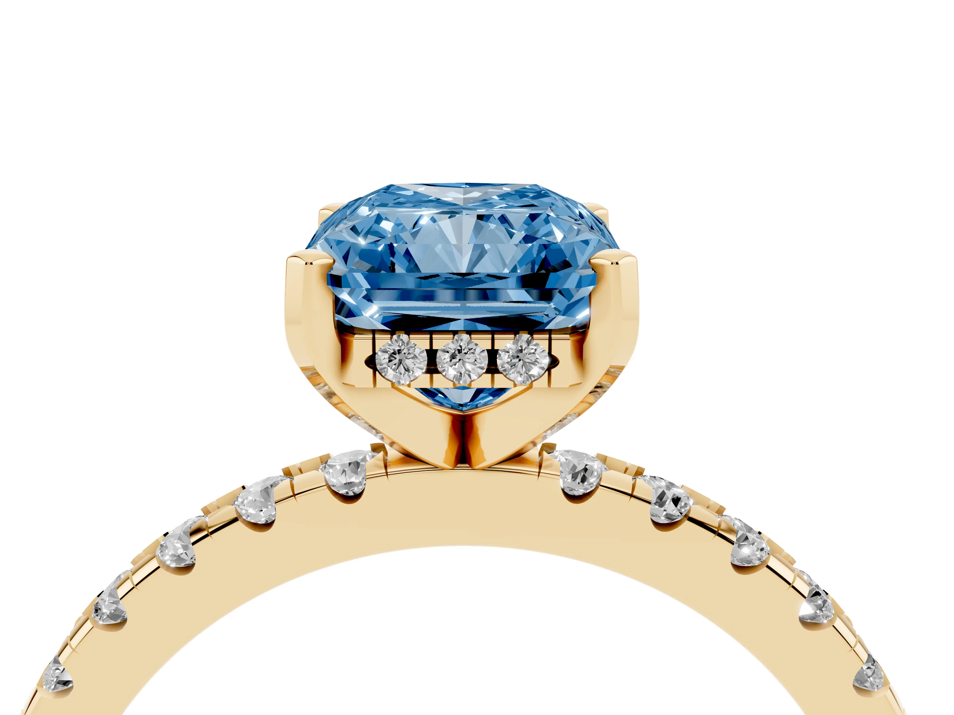 Fancy Blue Radiant Cut Diamond Pavé Solitaire Ring Set in Yellow gold with Round Band Accents and Prong Setting