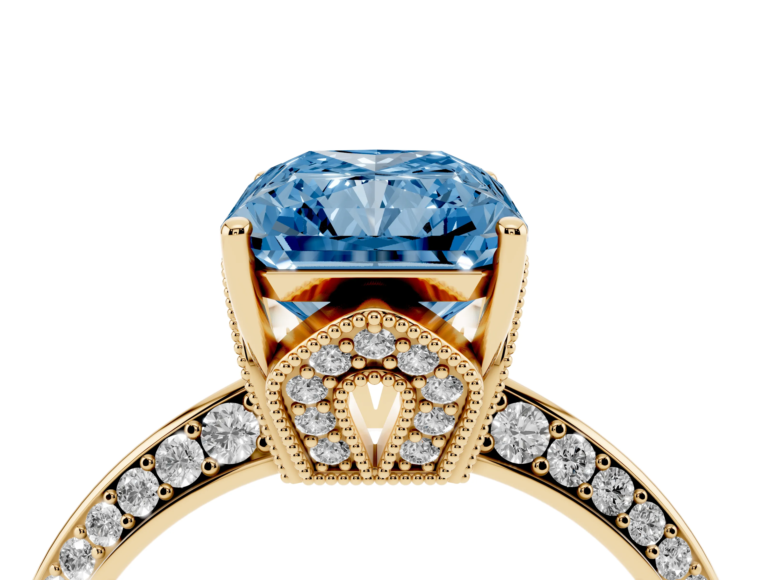 Fancy Blue Radiant Cut Diamond Solitaire Engagement Ring Set in Yellow gold with Pavé Split Shank and Prong Setting