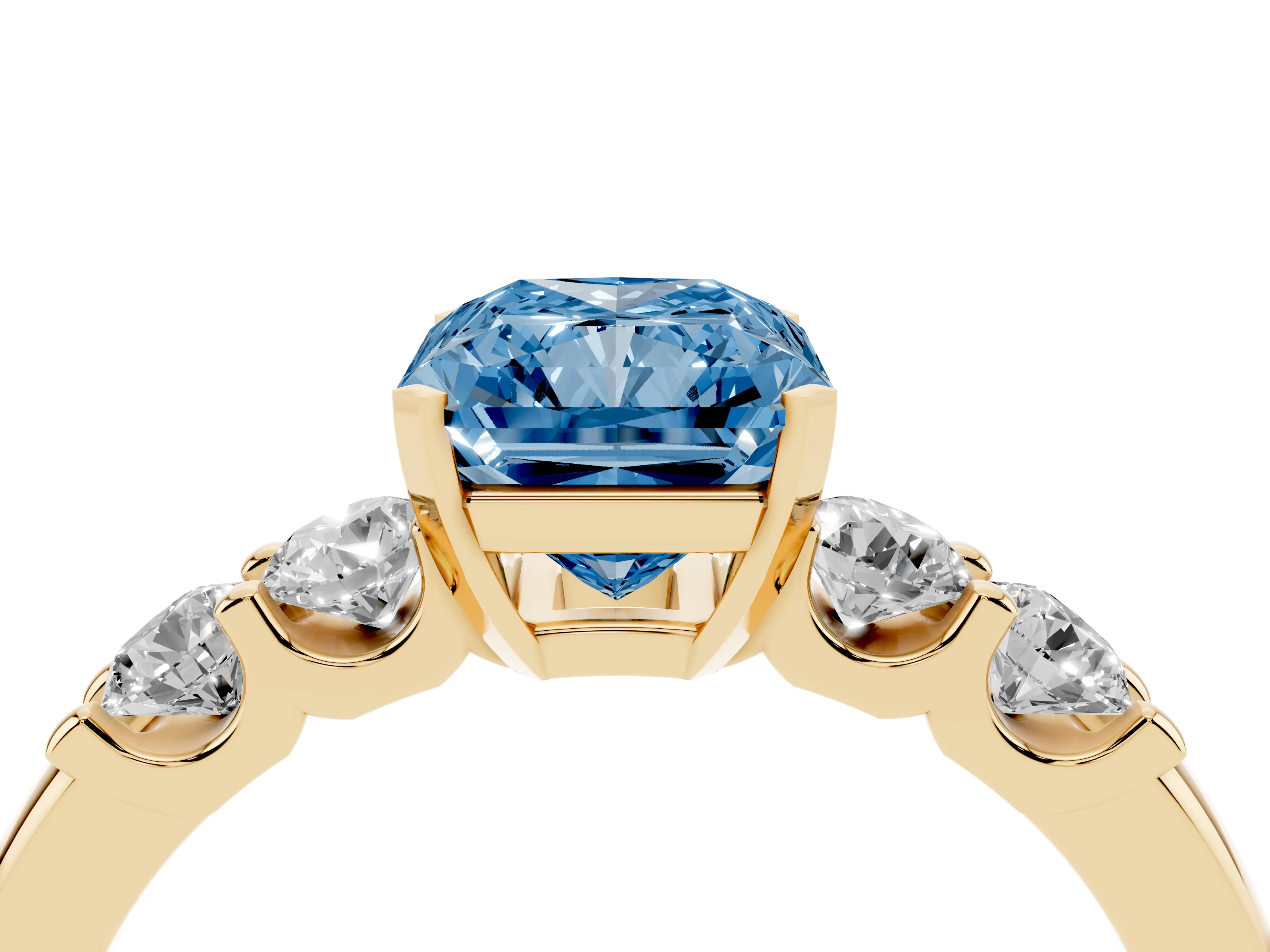 Fancy Blue Radiant Cut Diamond Five-Stone Prong Set Engagement Ring Set in Yellow gold with Channel Band