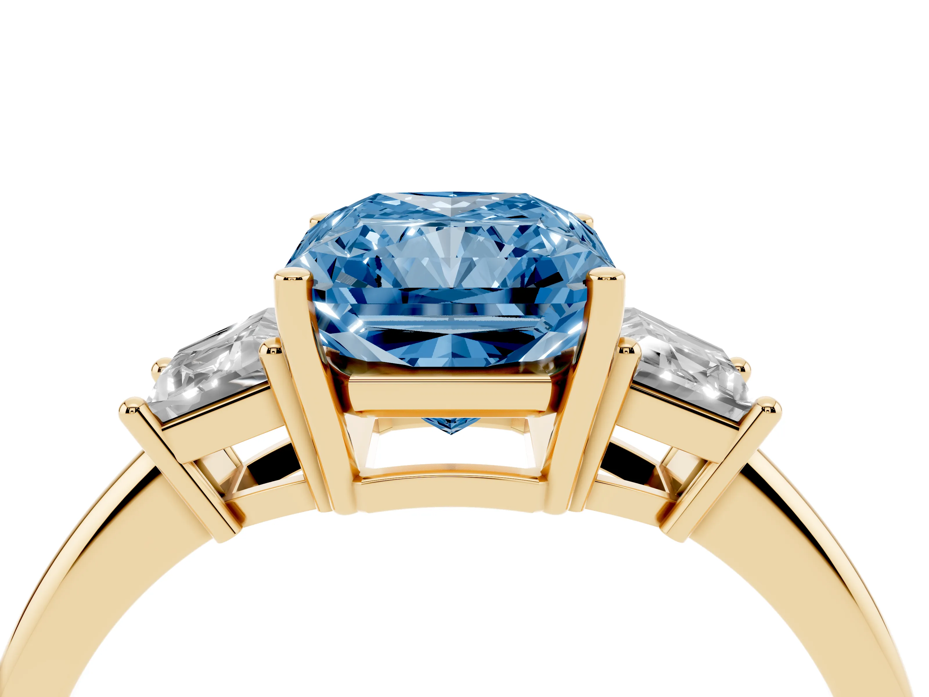 Fancy Blue Radiant Cut Diamond Three-Stone Ring Set in Yellow gold with Trapezoid Side Stones and Prong Setting