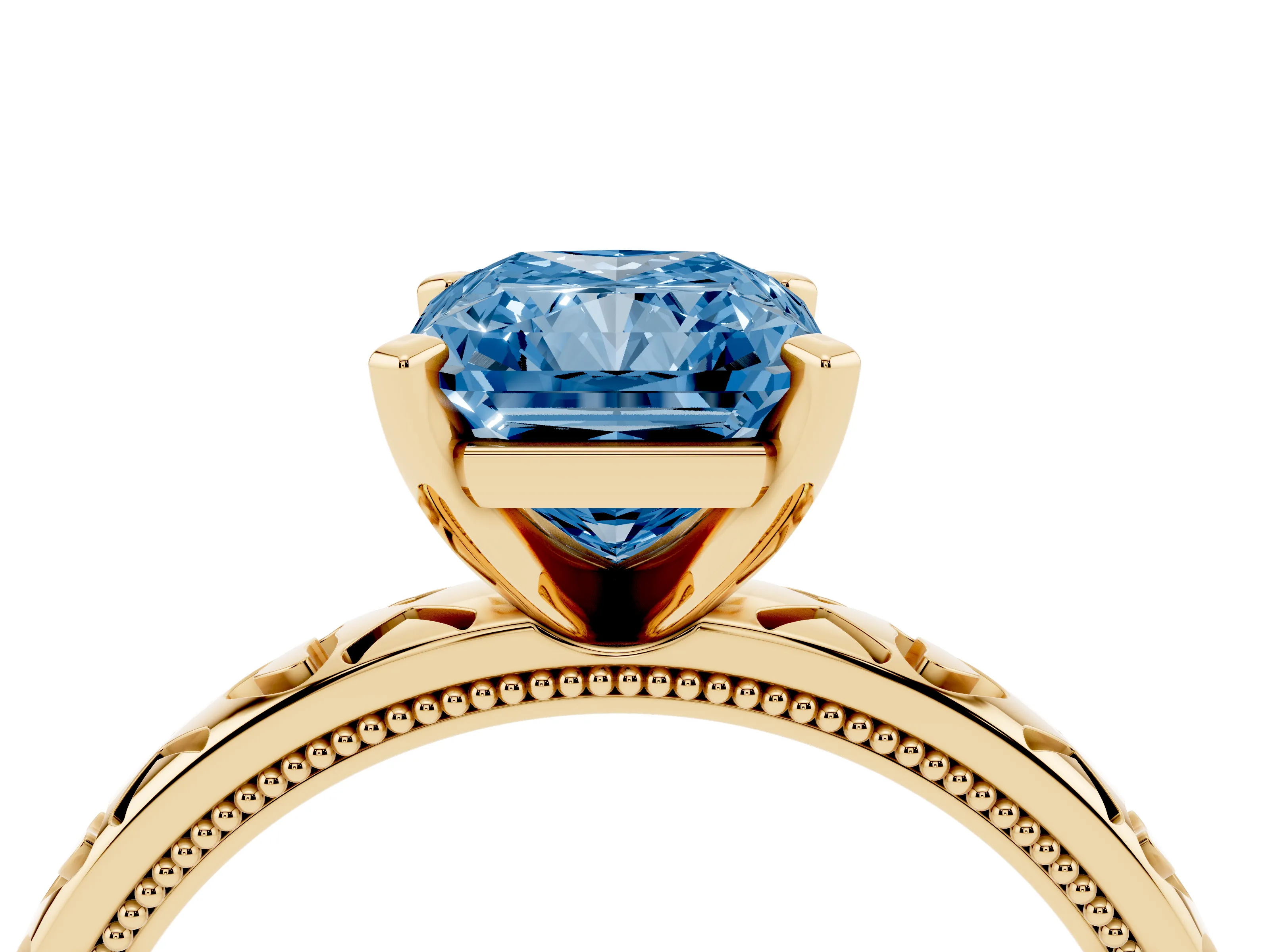 Fancy Blue Radiant Cut Diamond Solitaire Engagement Ring Set in Yellow gold with XO Engraved Band and Prong Setting