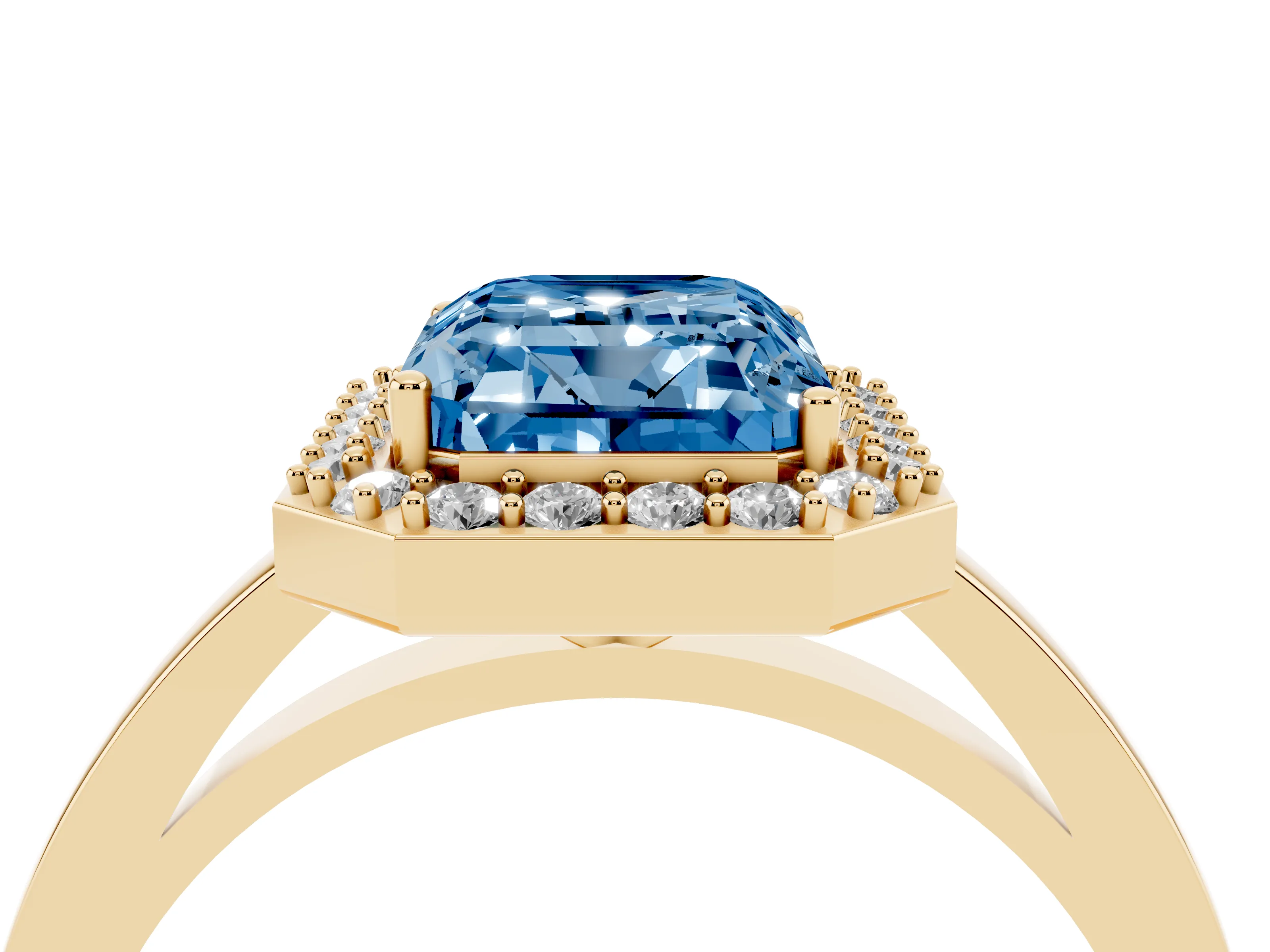 Fancy Blue Radiant Cut Diamond Halo Ring Set in Yellow gold with Solitaire Band and Prong Setting