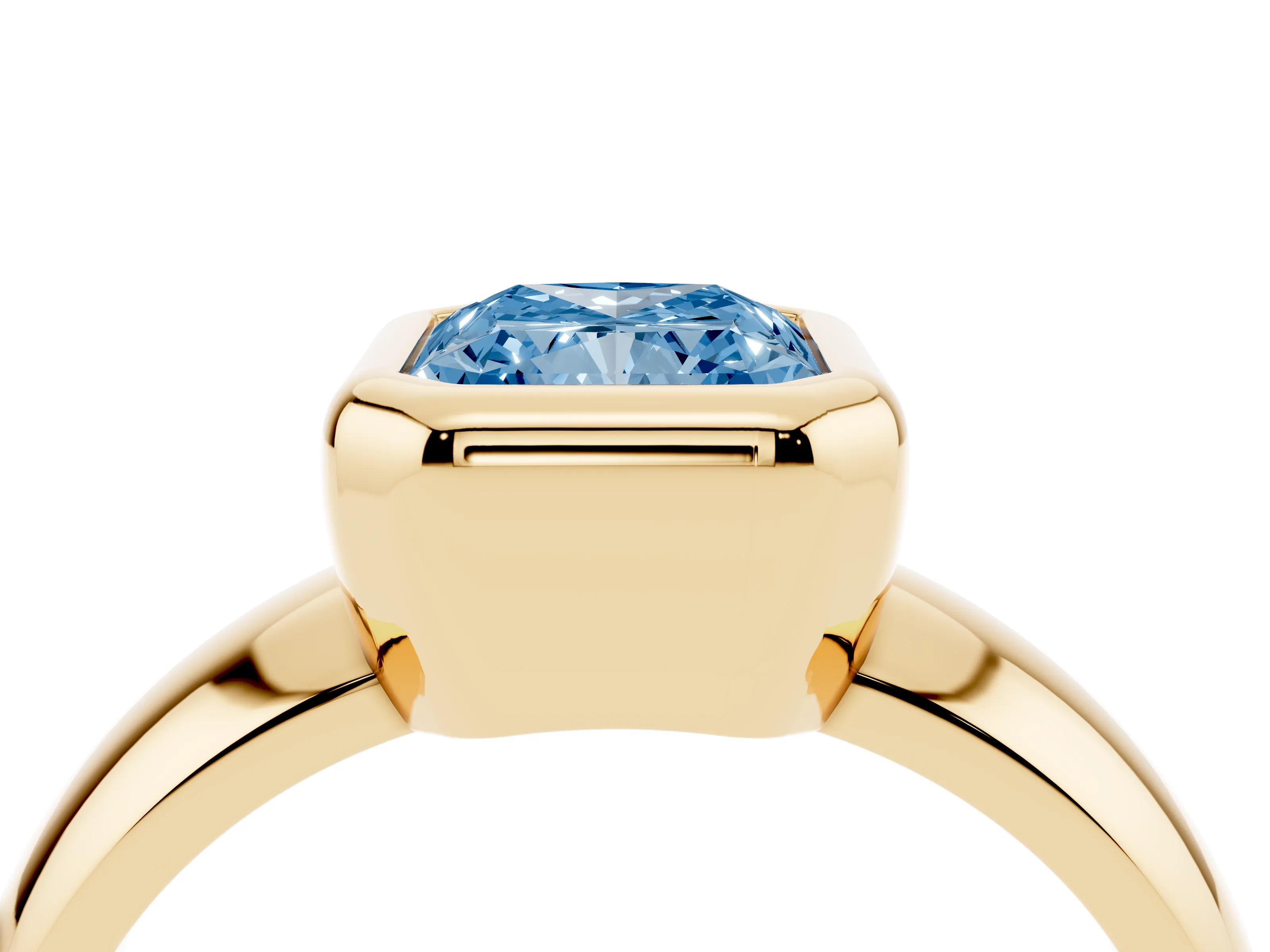 Fancy Blue Bezel Set Radiant Cut Diamond Solitaire Ring Set in Yellow gold with Wide Band
