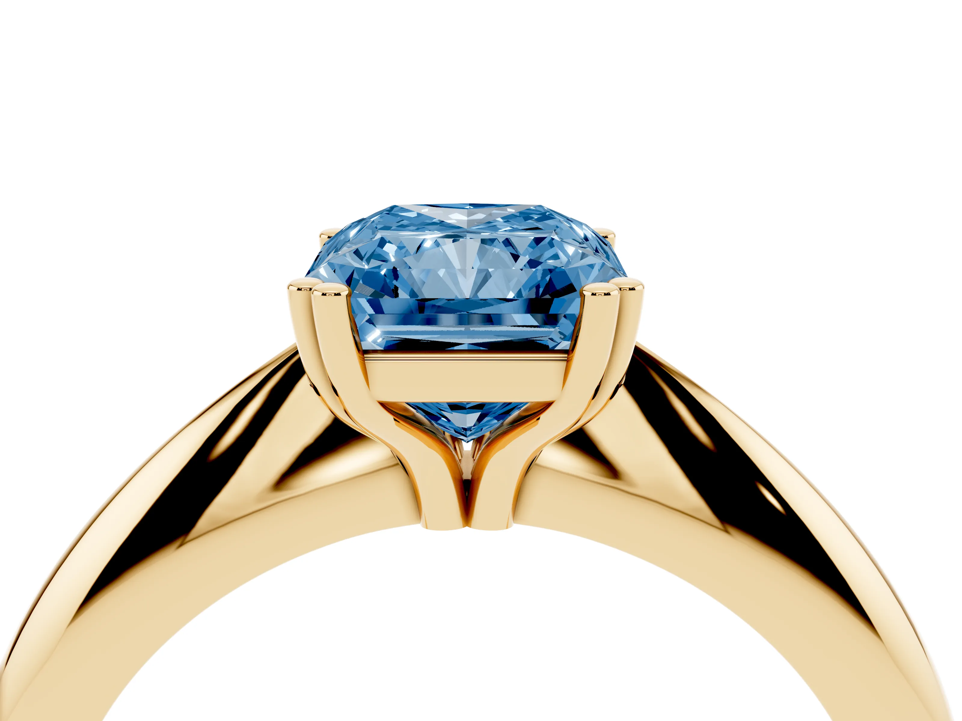 Fancy Blue Radiant Cut Diamond Solitaire Engagement Ring Set in Yellow gold with Tapered Band and Prong Setting