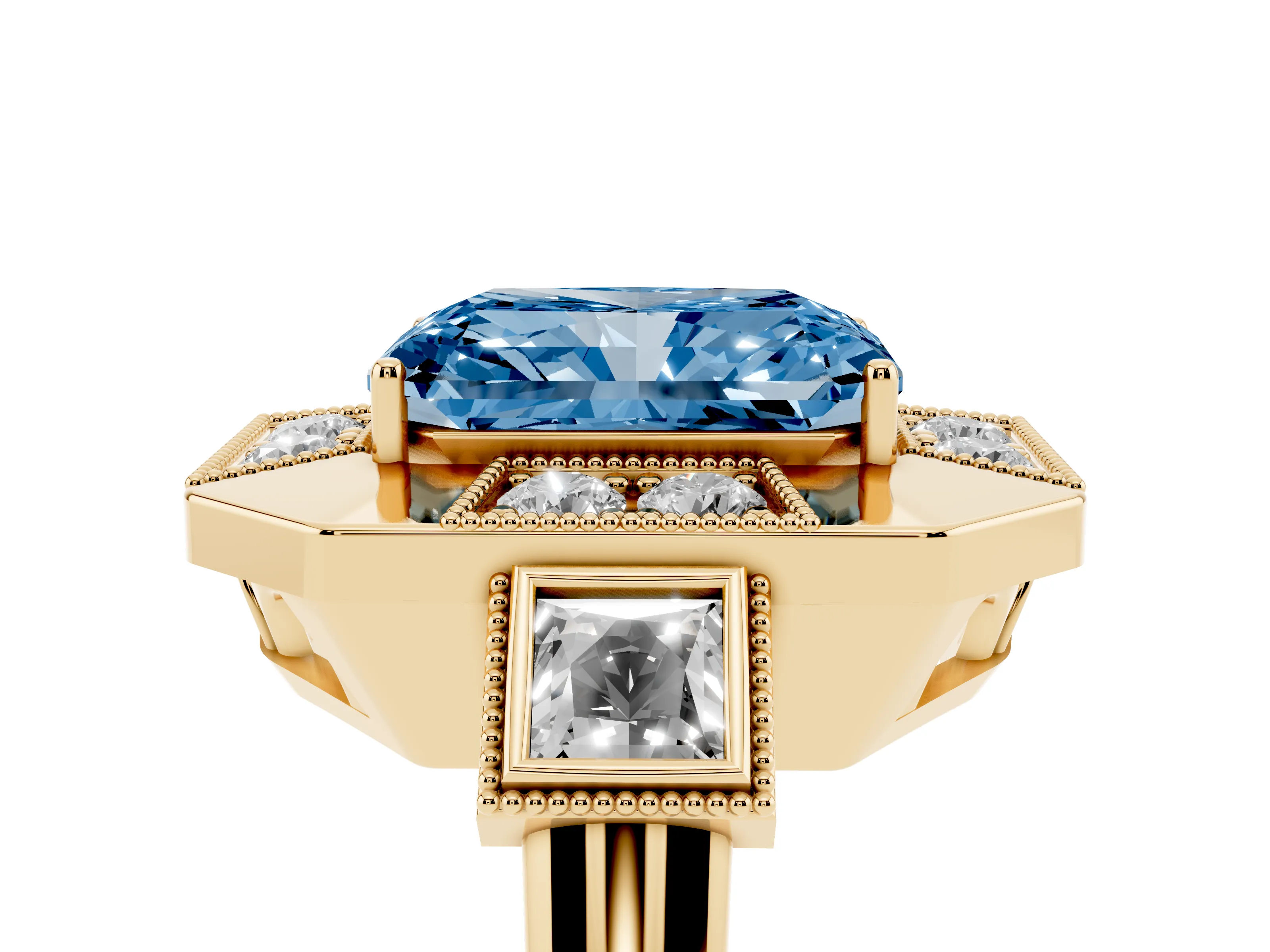 Fancy Blue Radiant Cut Diamond Milgrain Halo Ring Set in Yellow gold with Split Shank