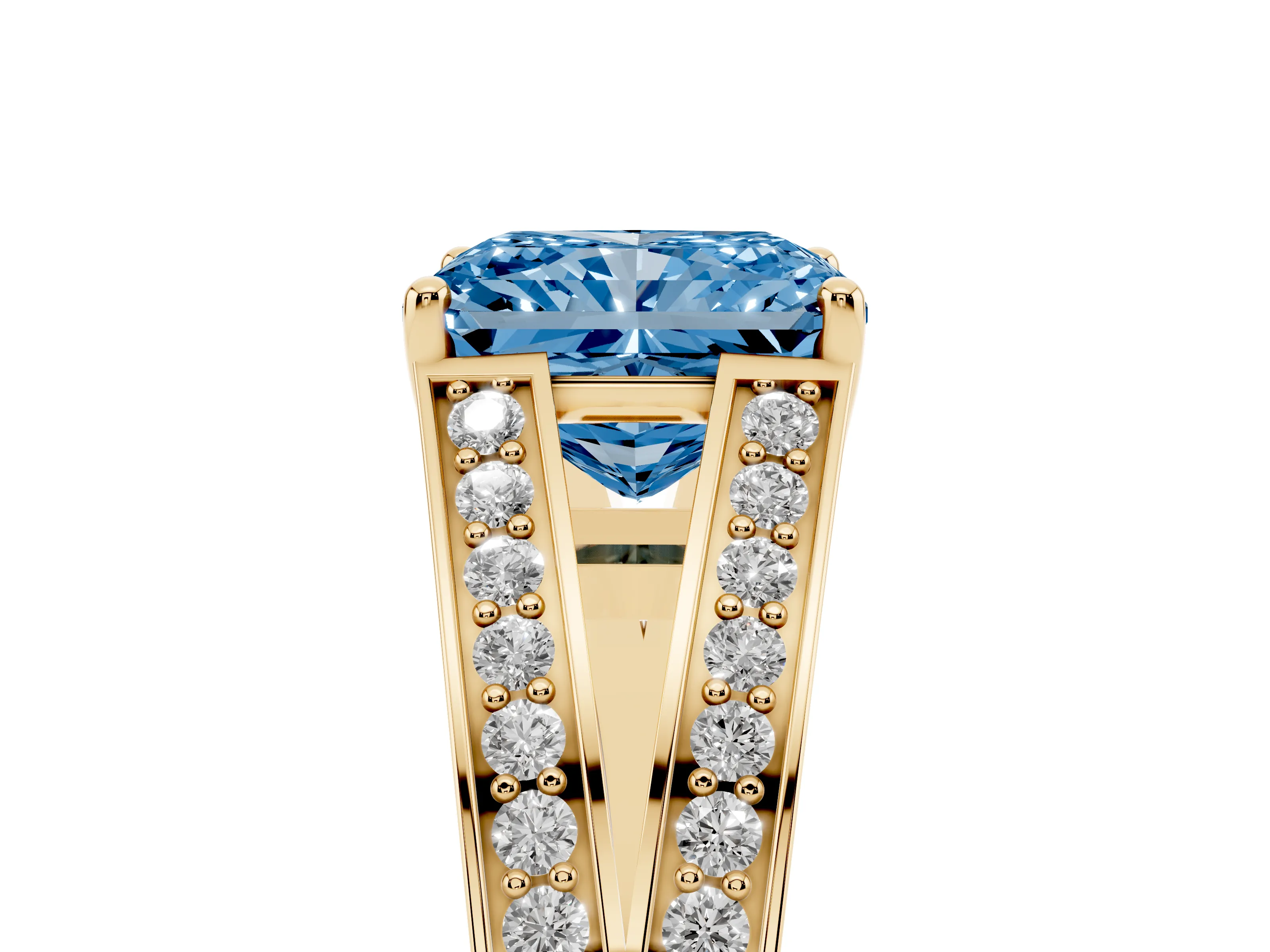 Fancy Blue Radiant Cut Diamond Split Shank Ring Set in Yellow gold with Pavé Band and Prong Setting