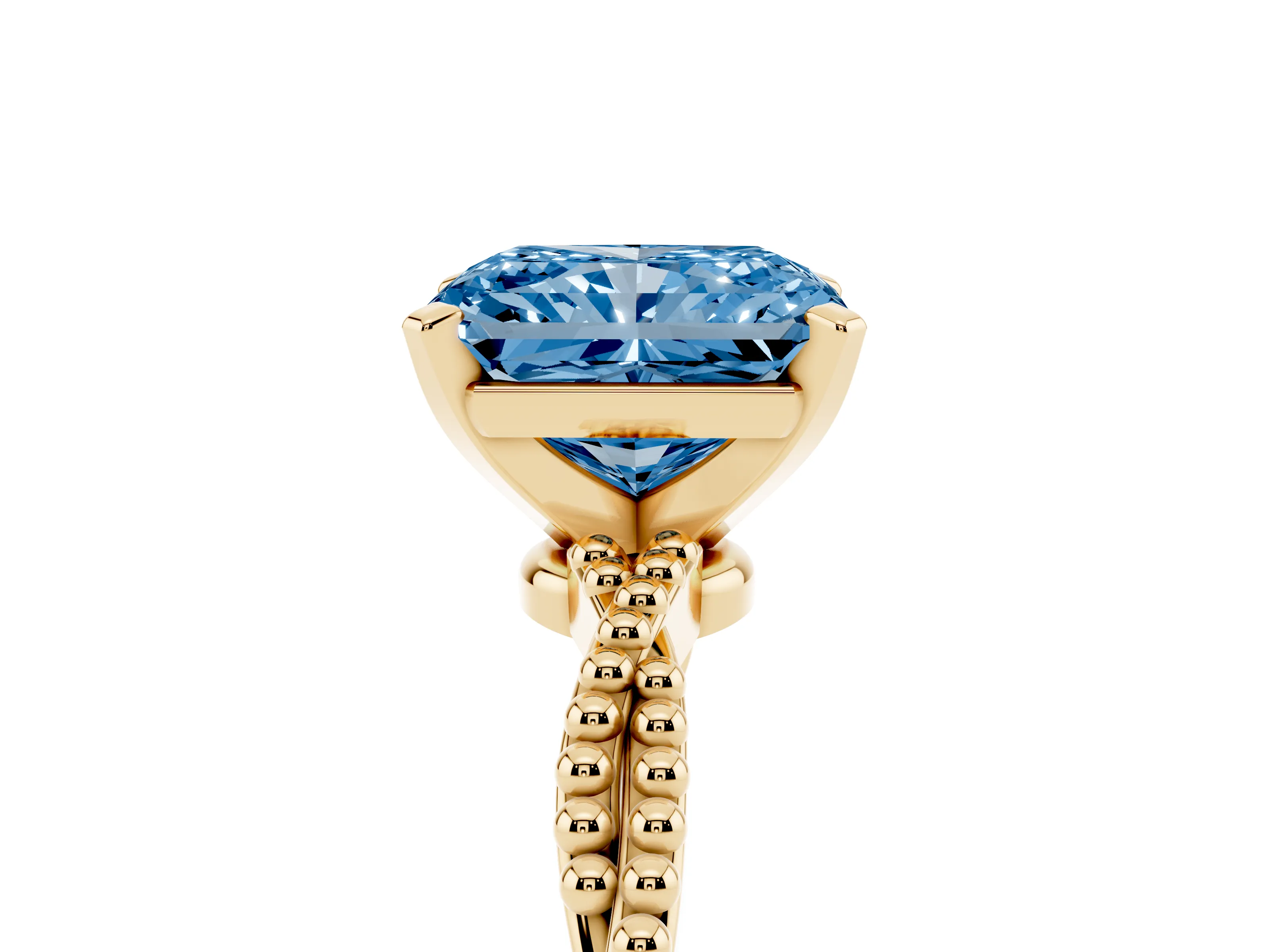 Fancy Blue Radiant Cut Diamond Solitaire Ring Set in Yellow gold with Twisted Band and Bead Prong Setting