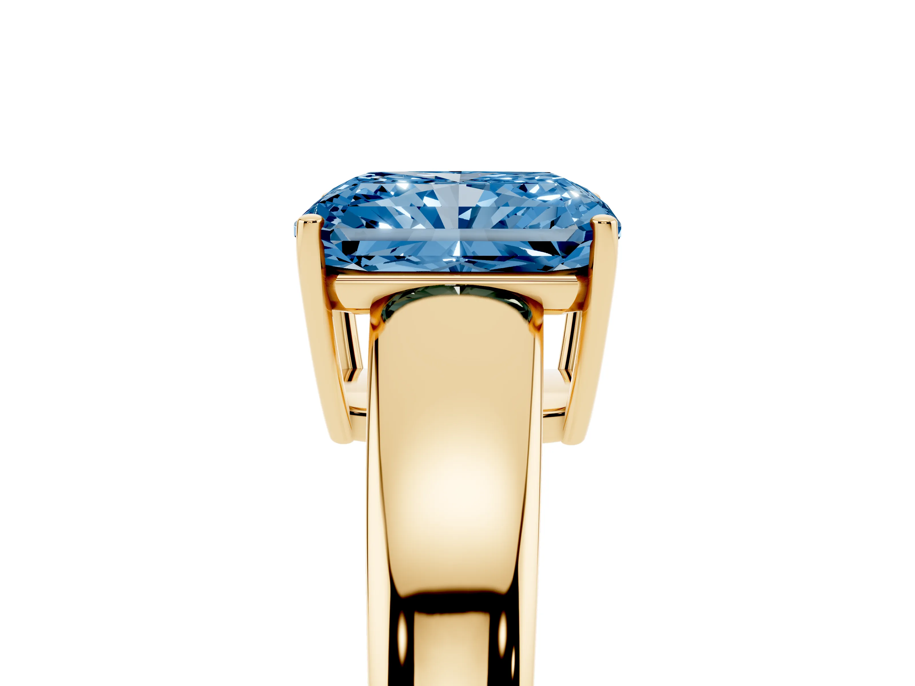 Fancy Blue Radiant Cut Diamond Solitaire Ring Set in Yellow gold with Tapered Band and Prong Setting