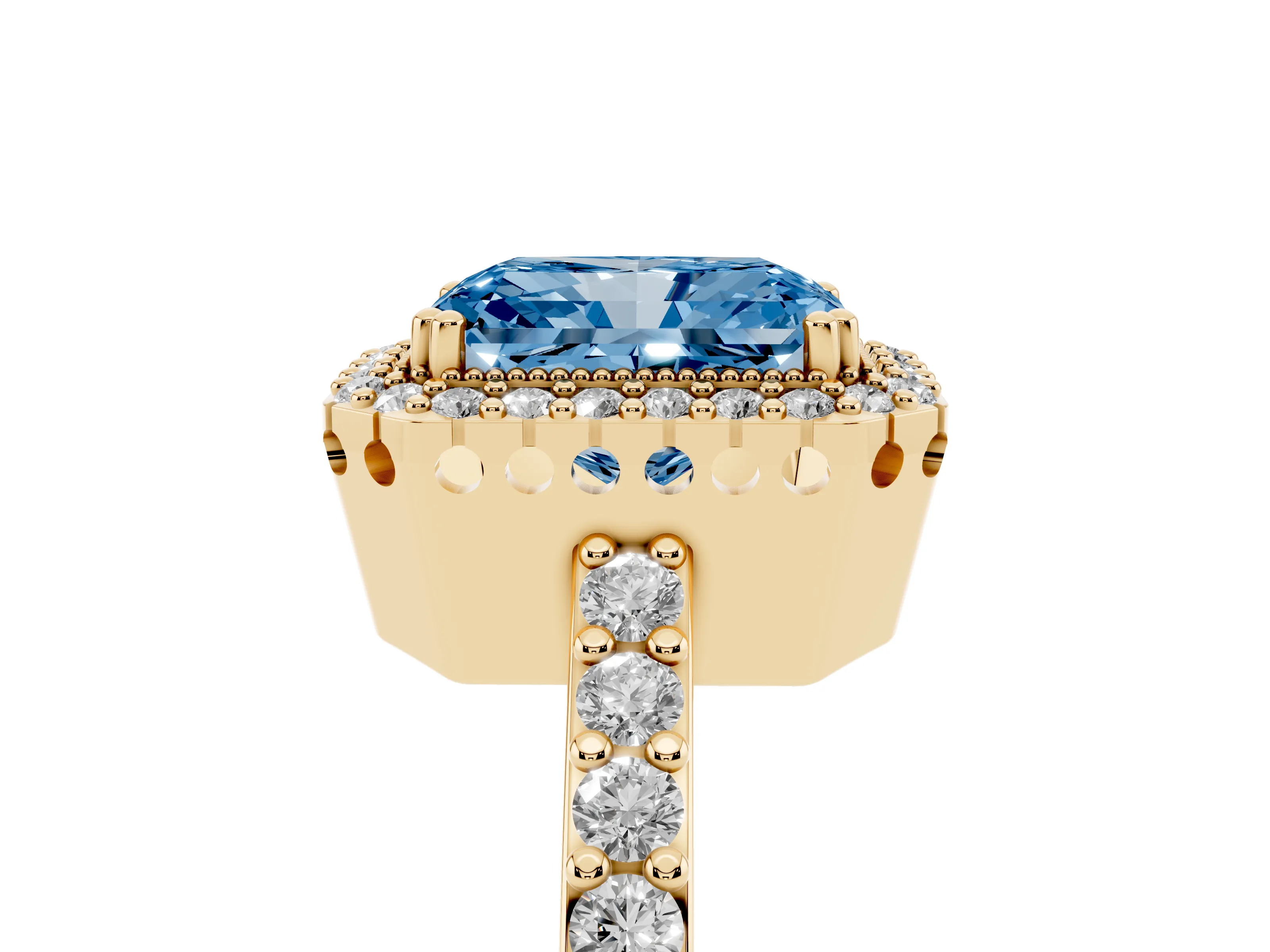 Fancy Blue Radiant Cut Diamond Halo Engagement Ring Set in Yellow gold with Milgrain Detail and Pavé Band