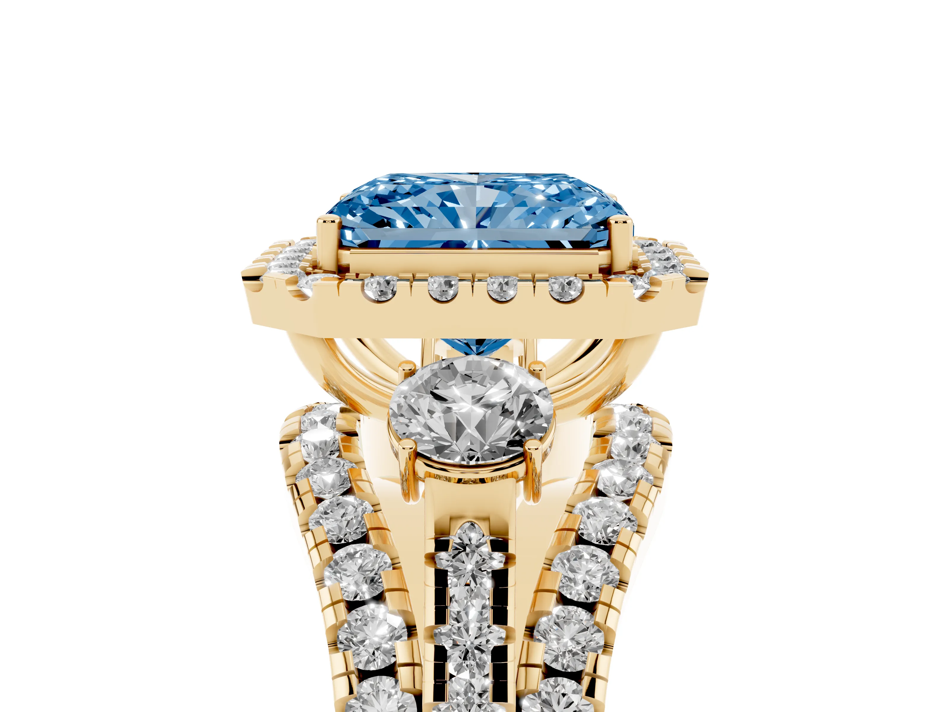 Fancy Blue Radiant Cut Diamond Halo Split Shank Ring Set in Yellow gold with Round Accent Stones and Prong Setting