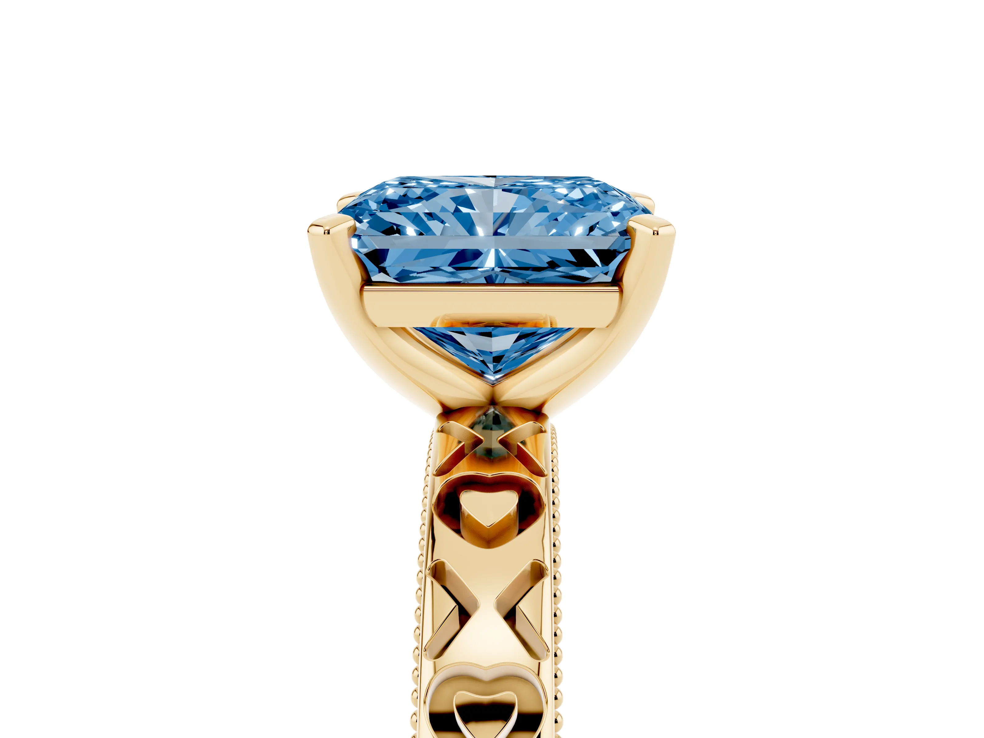 Fancy Blue Radiant Cut Diamond Solitaire Engagement Ring Set in Yellow gold with XO Engraved Band and Prong Setting