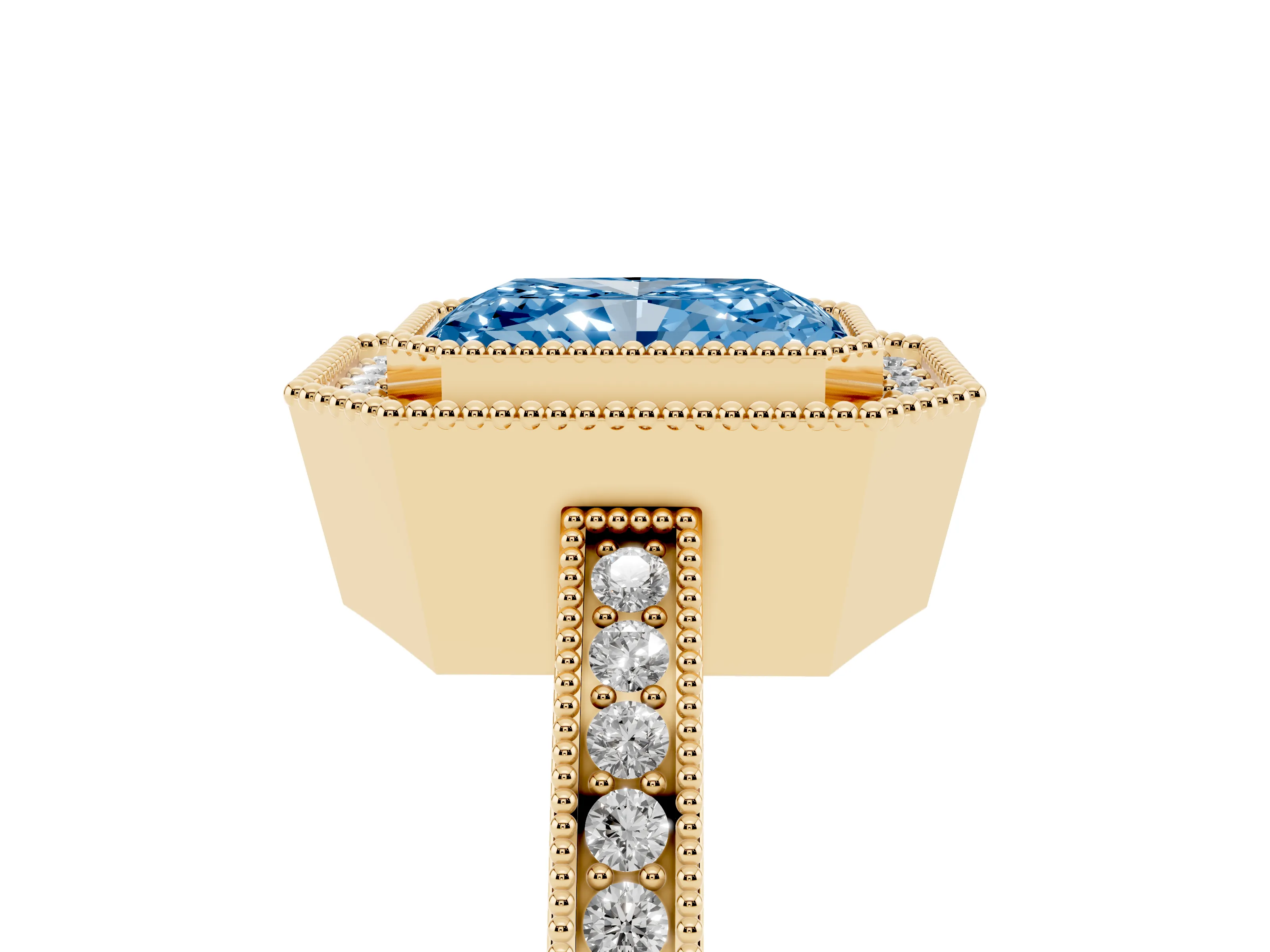 Fancy Blue Radiant Cut Diamond Halo Ring Set in Yellow gold with Pavé Band and Milgrain-Edged Prongs