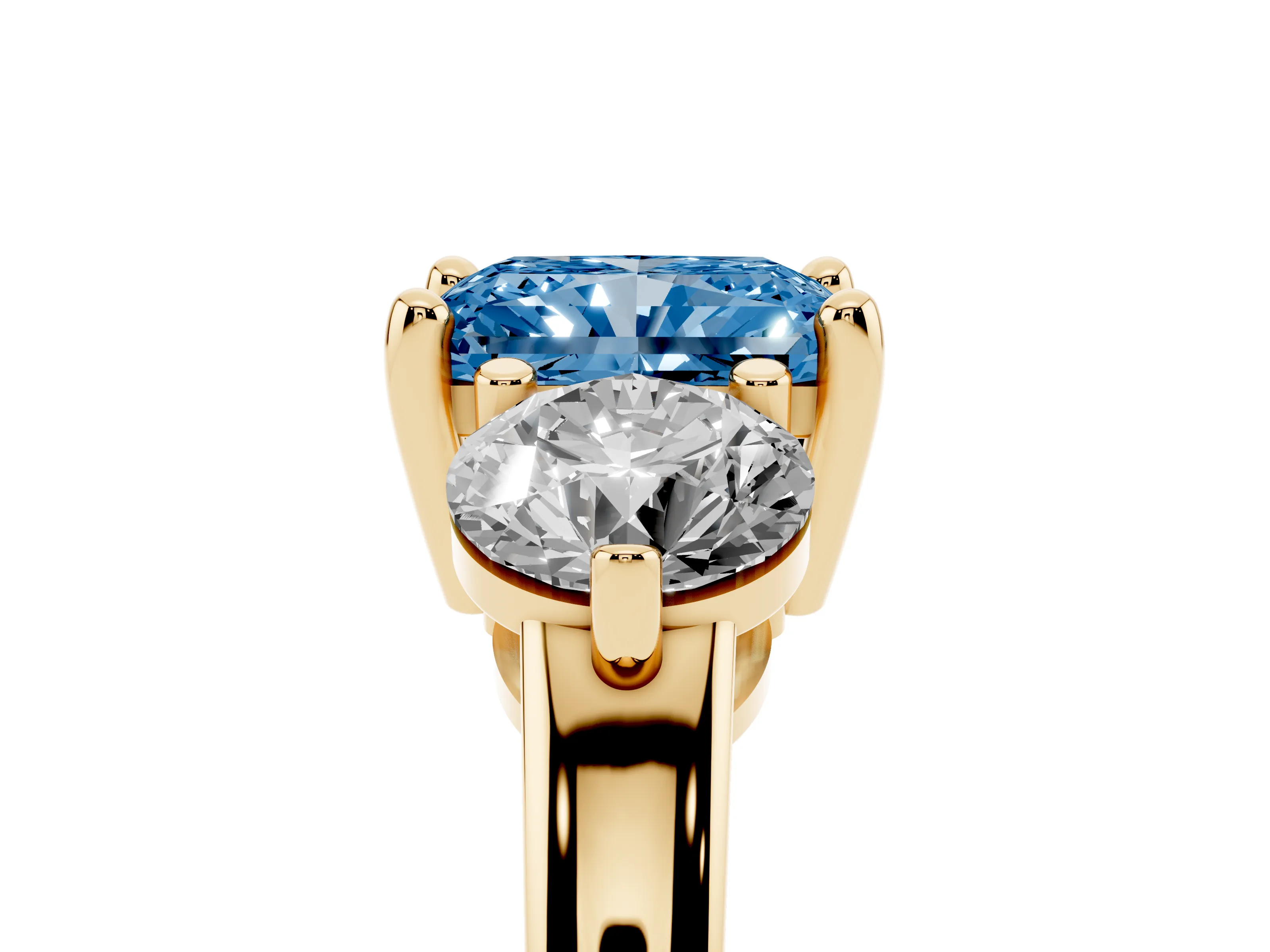 Fancy Blue Radiant Cut Diamond Three-Stone Ring Set in Yellow gold with Prong Setting and Classic Band