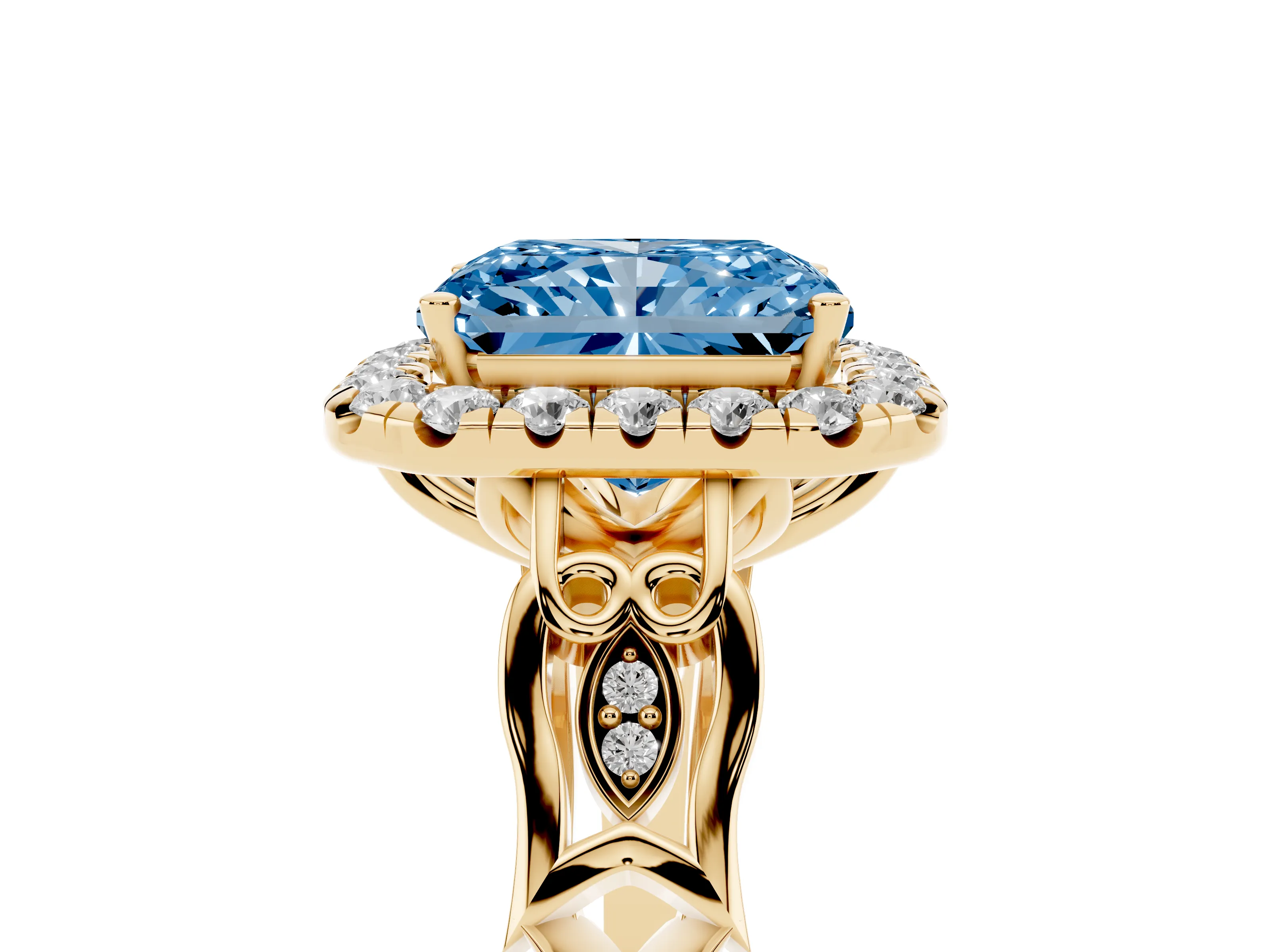 Fancy Blue Radiant Cut Diamond Halo Engagement Ring Set in Yellow gold with Filigree Band and Prong-Set Center