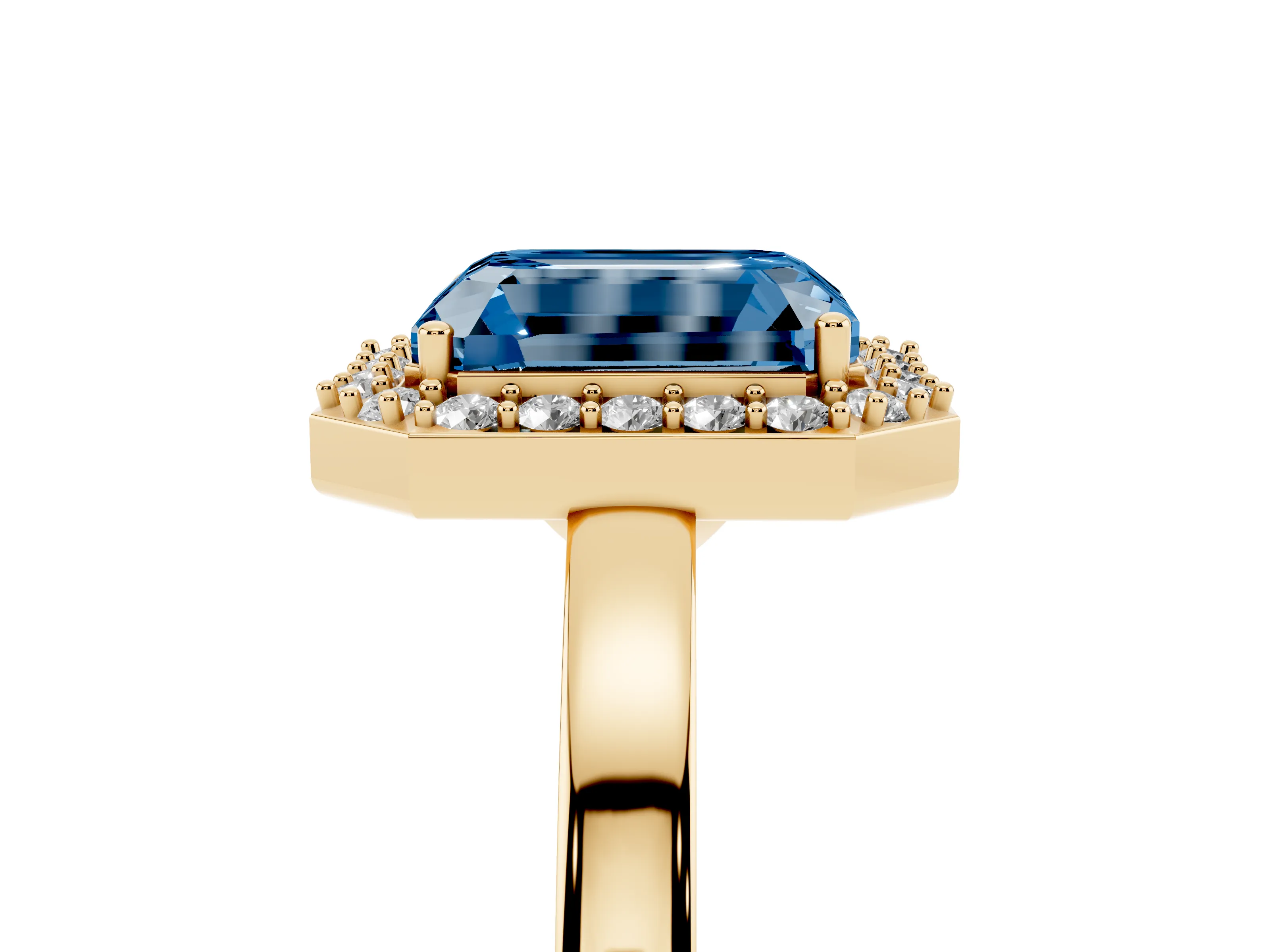 Fancy Blue Radiant Cut Diamond Halo Ring Set in Yellow gold with Solitaire Band and Prong Setting