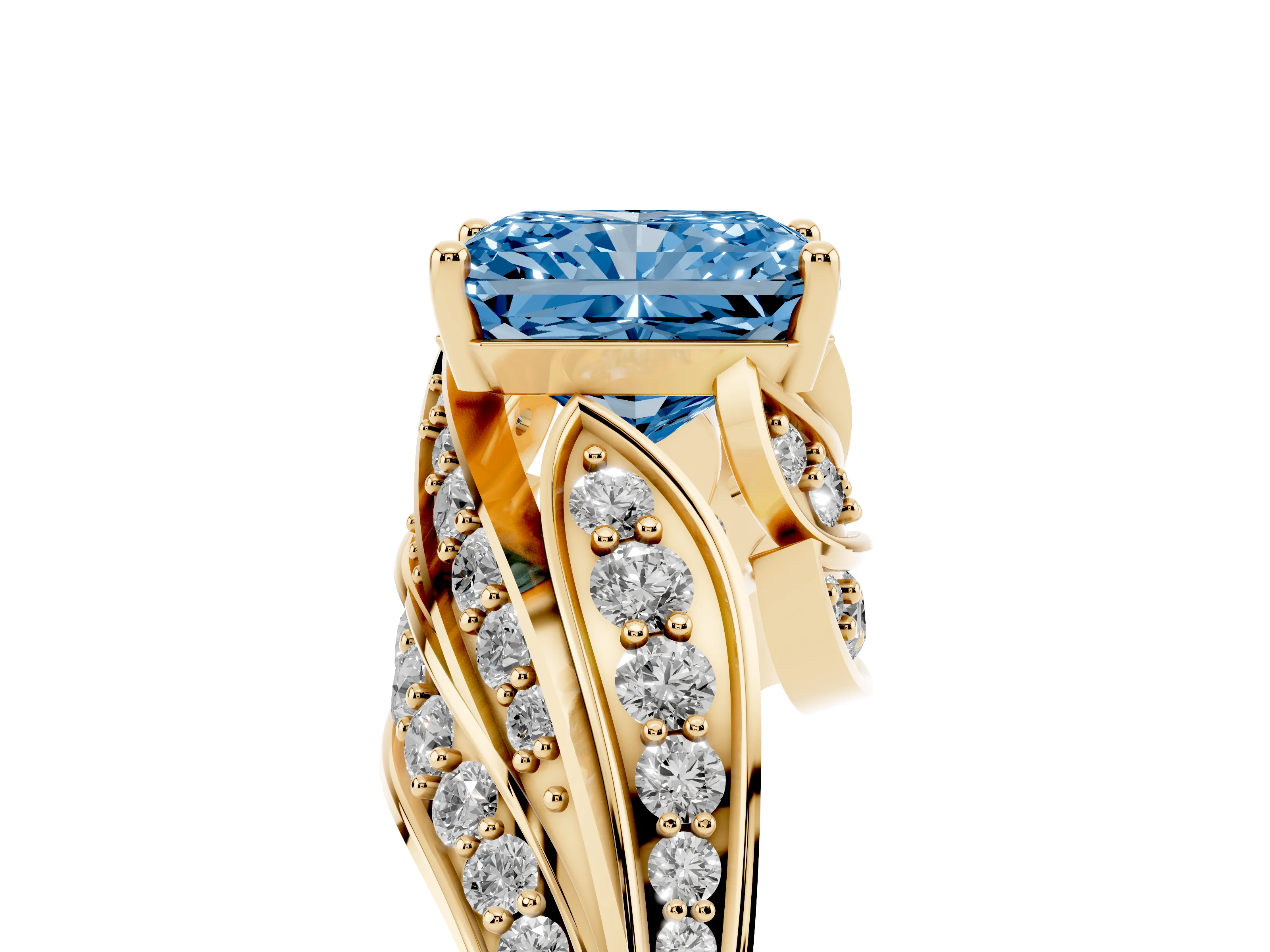 Fancy Blue Radiant Cut Diamond Solitaire Ring Set in Yellow gold with Layered Twist Pavé Band