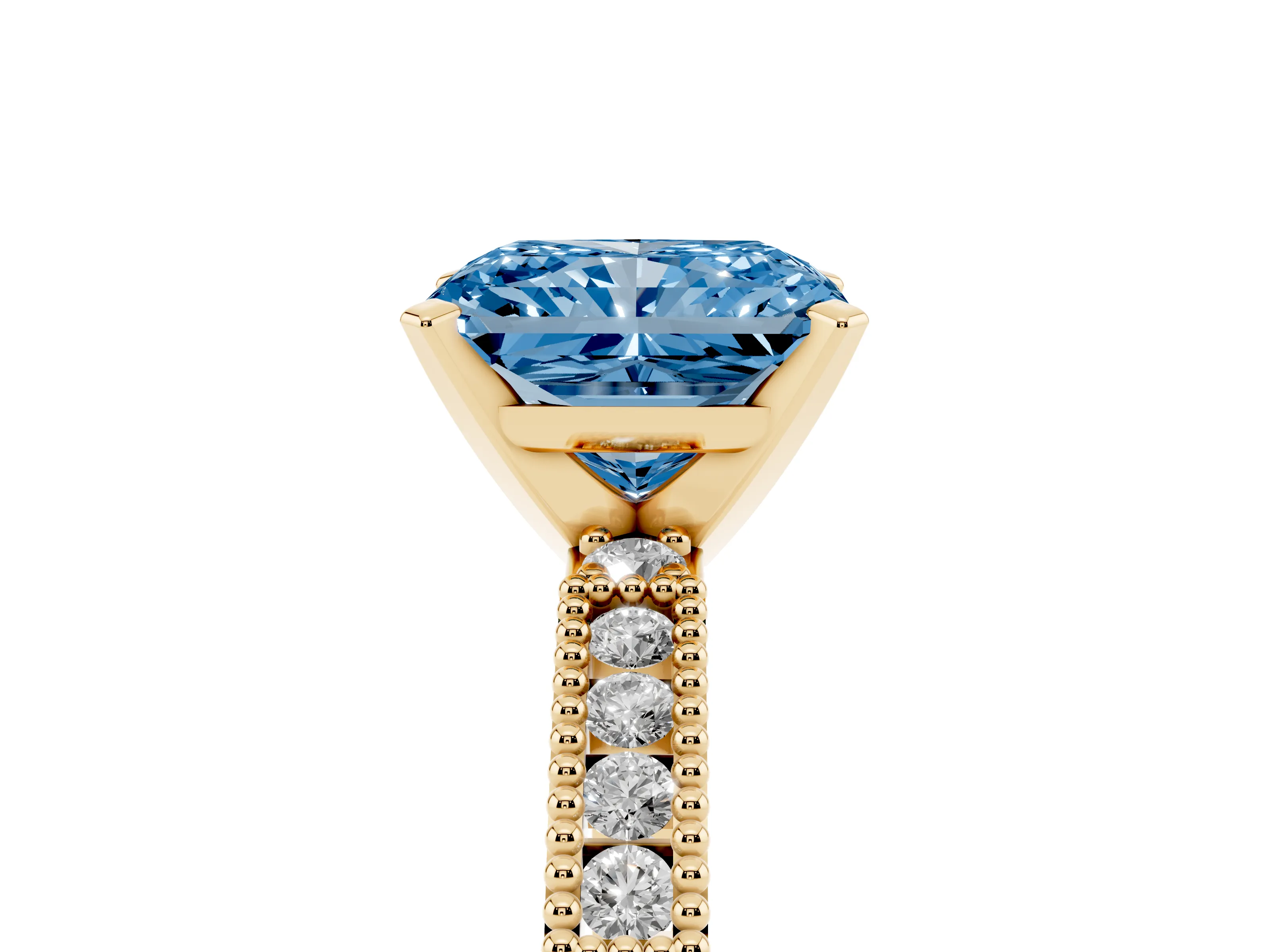 Fancy Blue Radiant Cut Diamond Solitaire Ring Set in Yellow gold with Slim Pavé Band and Prong Setting