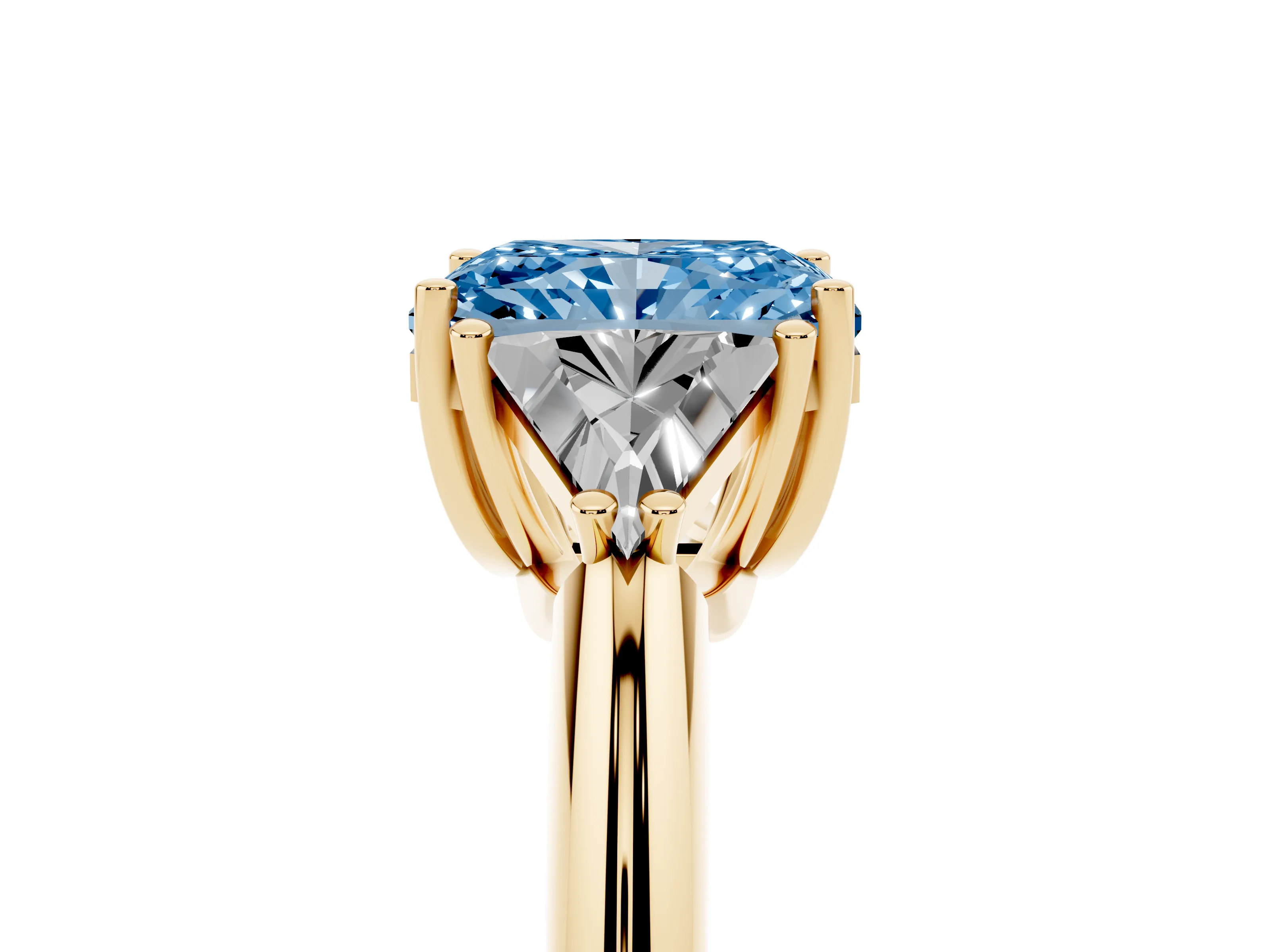 Fancy Blue Radiant Cut Diamond Three-Stone Engagement Ring Set in Yellow gold with Trillion Side Stones