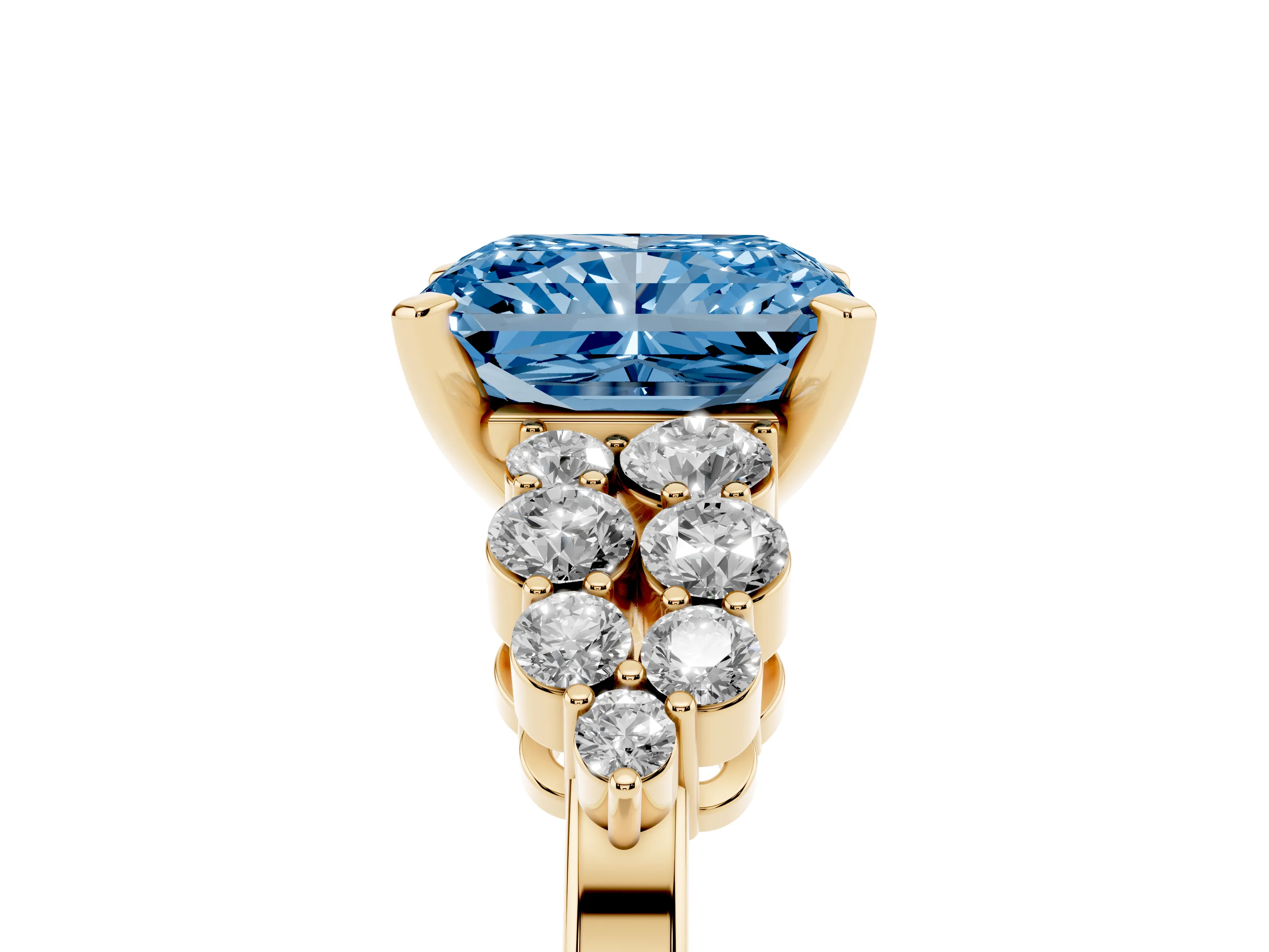 Fancy Blue Radiant Cut Diamond Cluster Engagement Ring Set in Yellow gold with Pavé Band and Prong Setting
