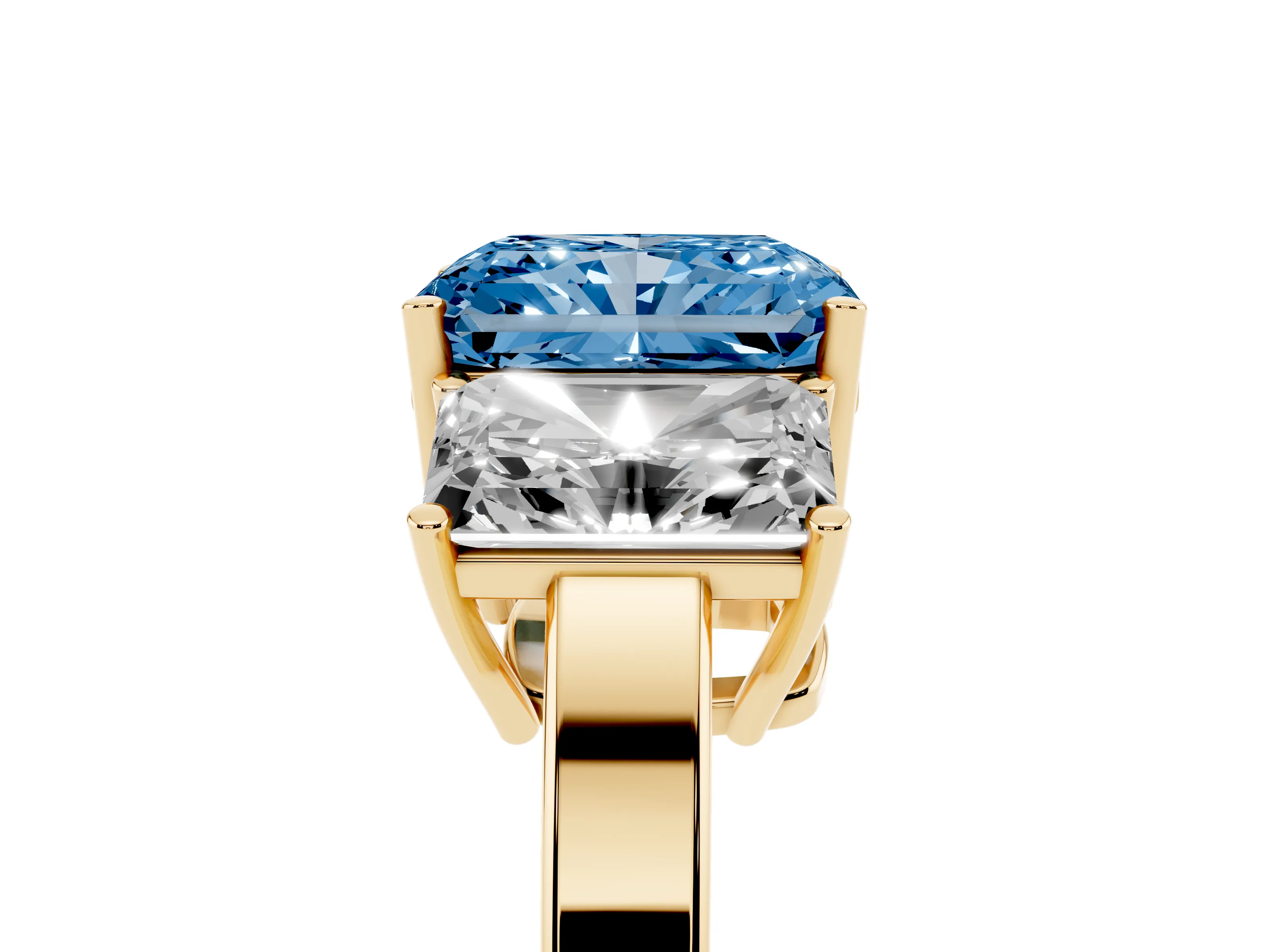 Fancy Blue Radiant Cut Diamond Three-Stone Engagement Ring Set in Yellow gold with Flat Band