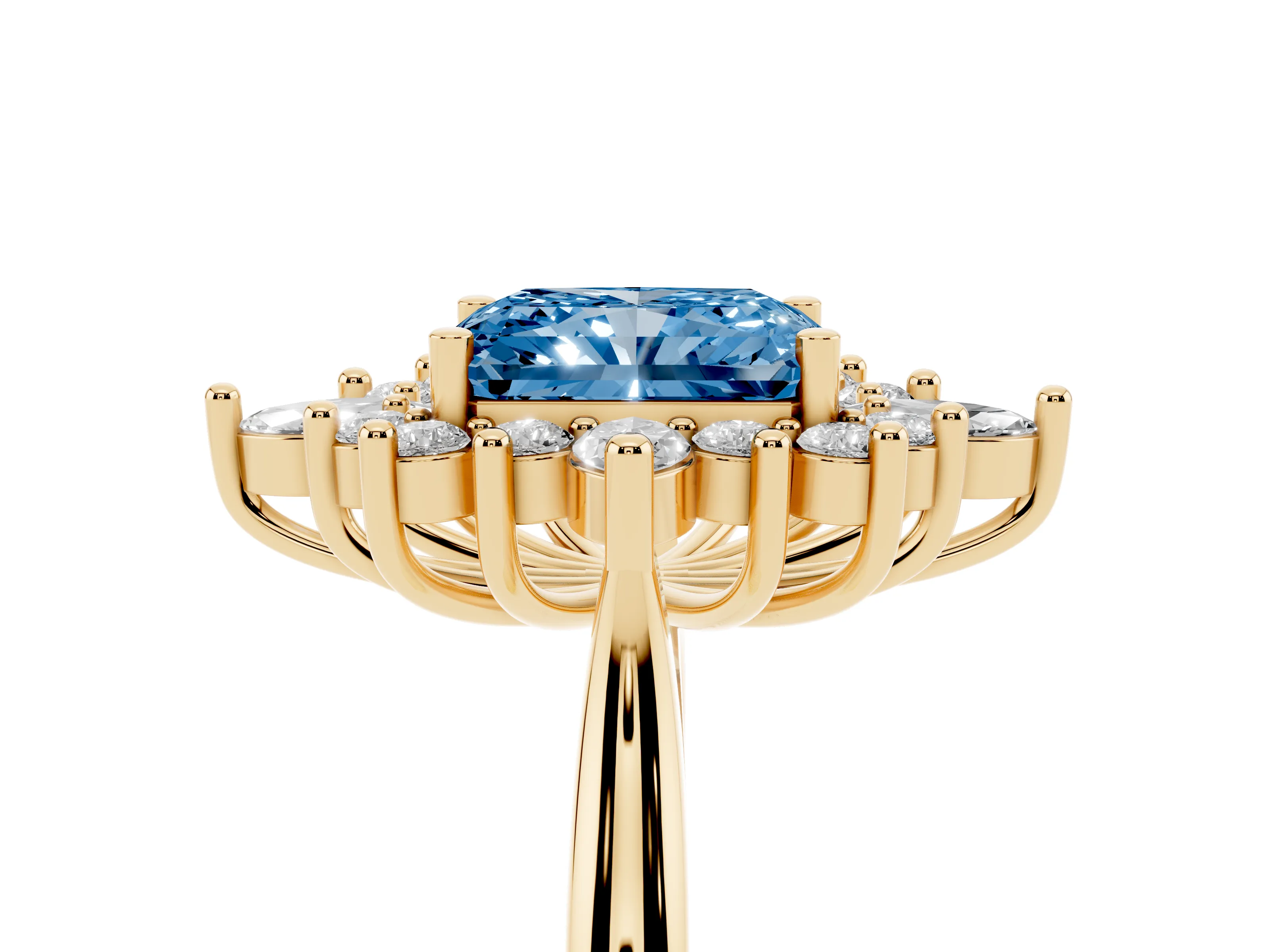 Fancy Blue Radiant Cut Diamond Cluster Halo Ring Set in Yellow gold with Marquise and Round Accents