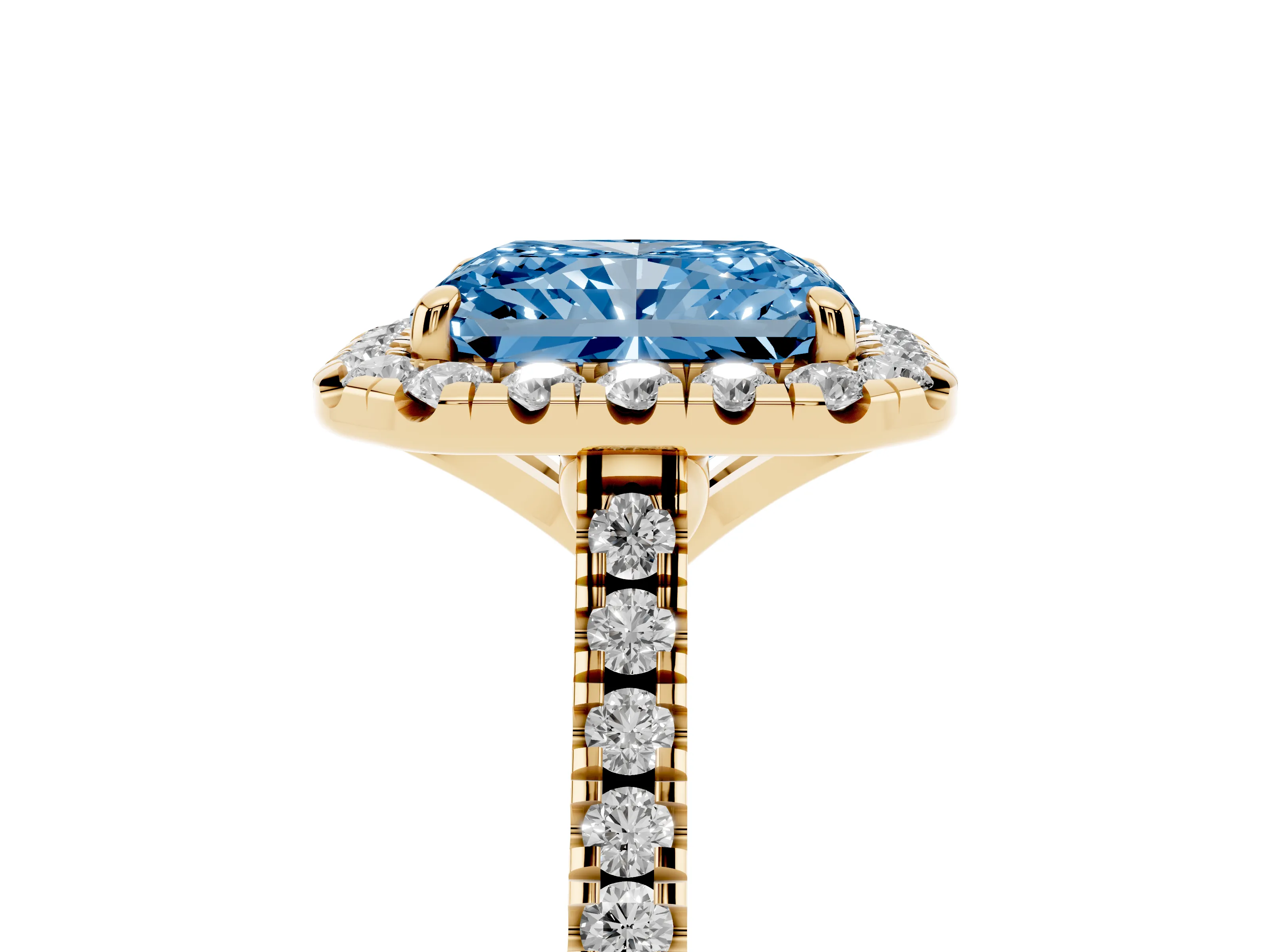 Fancy Blue Radiant Cut Diamond Cushion Halo Ring Set in Yellow gold with Pavé Band