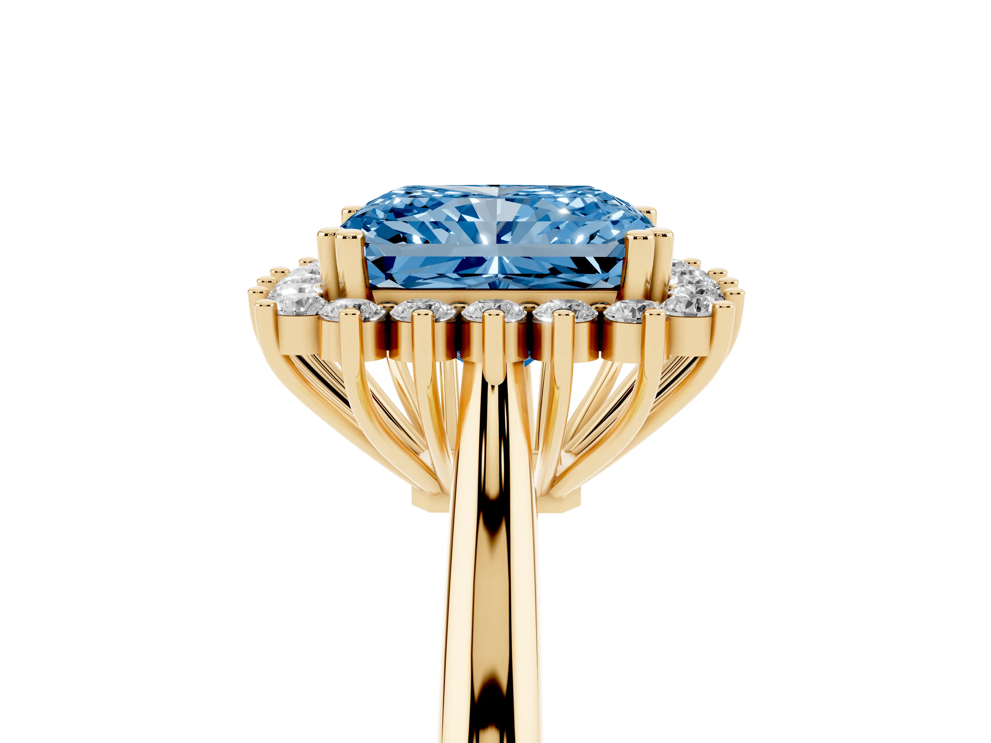 Fancy Blue Radiant Cut Diamond Halo Ring Set in Yellow gold with Plain Solitaire Band and Prong Setting