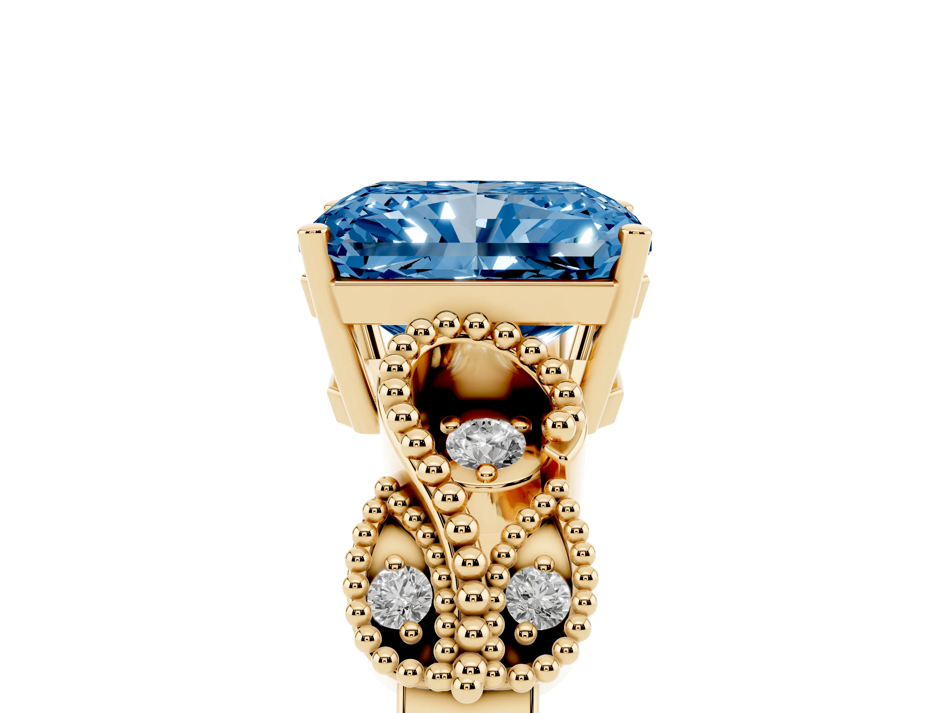 Fancy Blue Radiant Cut Diamond Milgrain Leaf Band Solitaire Ring Set in Yellow gold with Accent Stones and Prong Setting